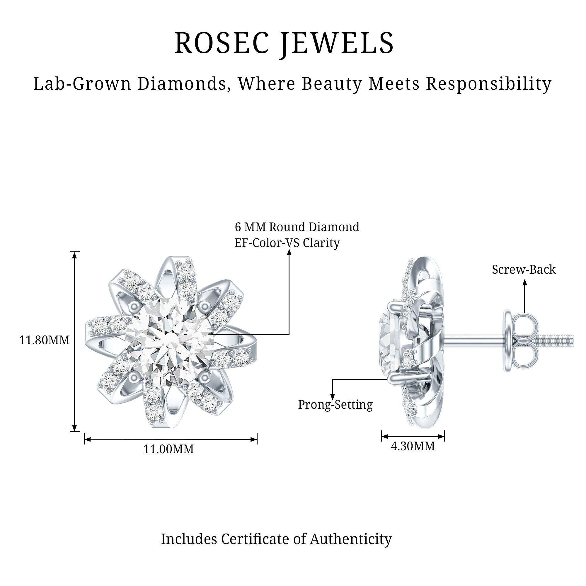 Lab Grown Diamond Round Solitaire Stud Earrings with Screw Back Lab - ( EF-VS ) - Rosec Jewels