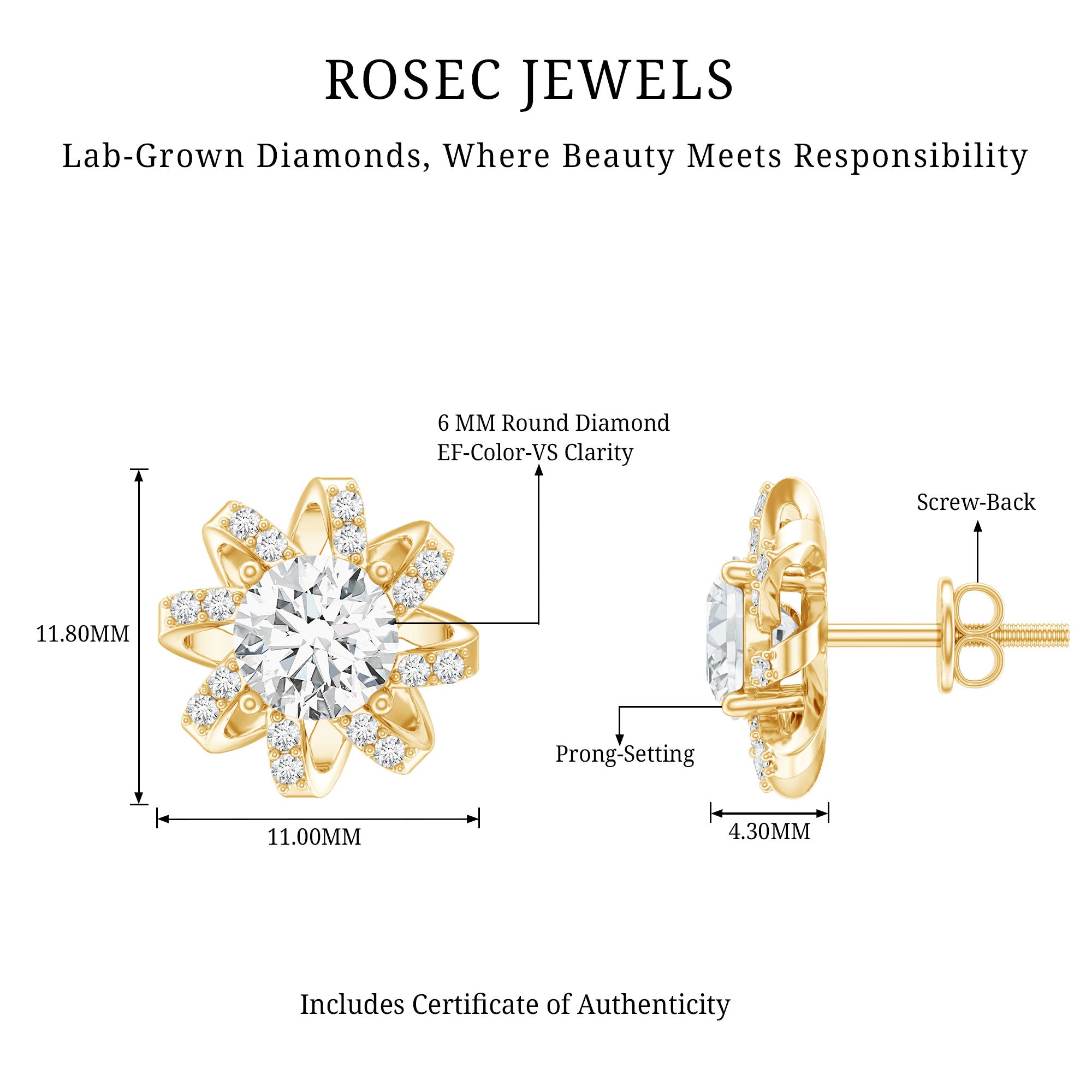 Lab Grown Diamond Round Solitaire Stud Earrings with Screw Back Lab - ( EF-VS ) - Rosec Jewels