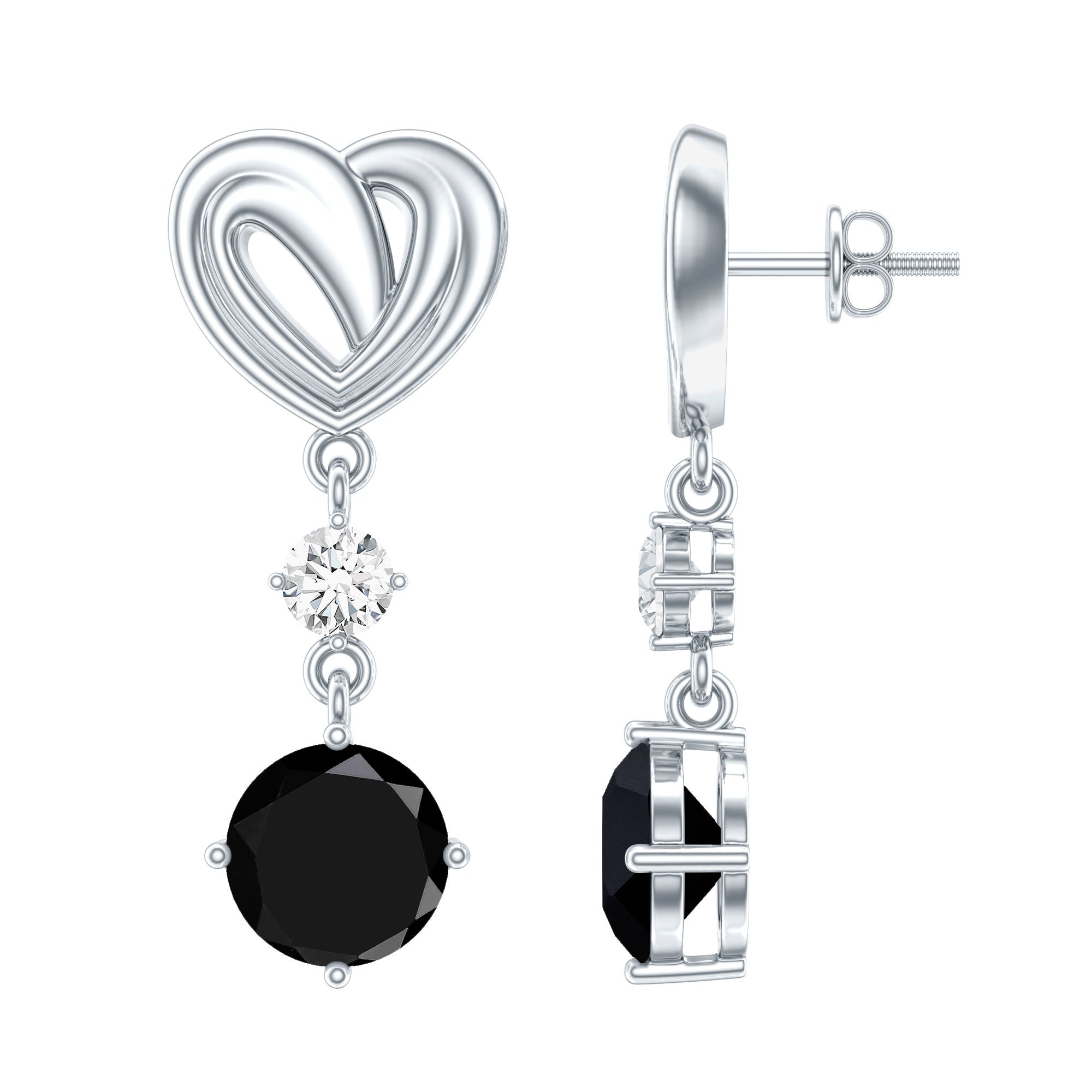 Heart Shaped Lab Grown Black Diamond Drop Earrings With Screw Back