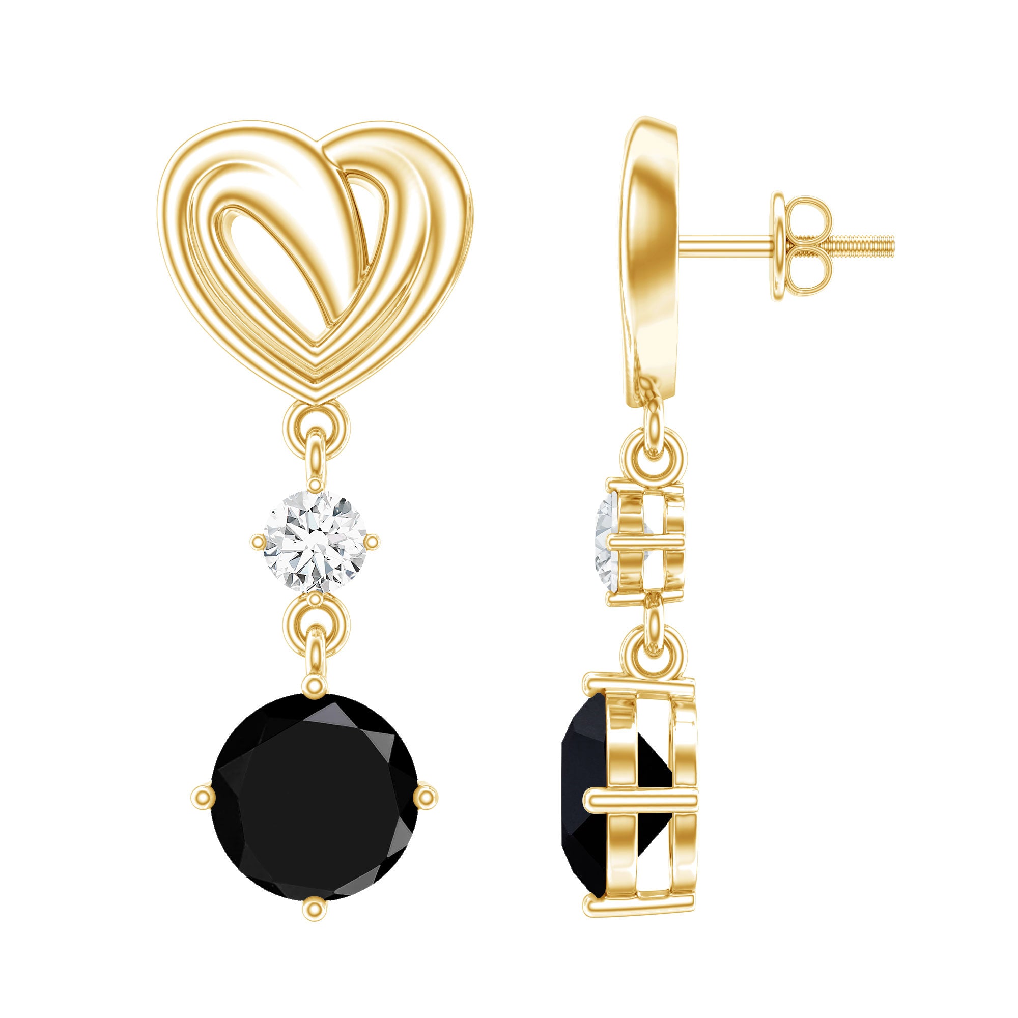 Heart Shaped Lab Grown Black Diamond Drop Earrings With Screw Back AAAA ( Synthetic ) - Rosec Jewels