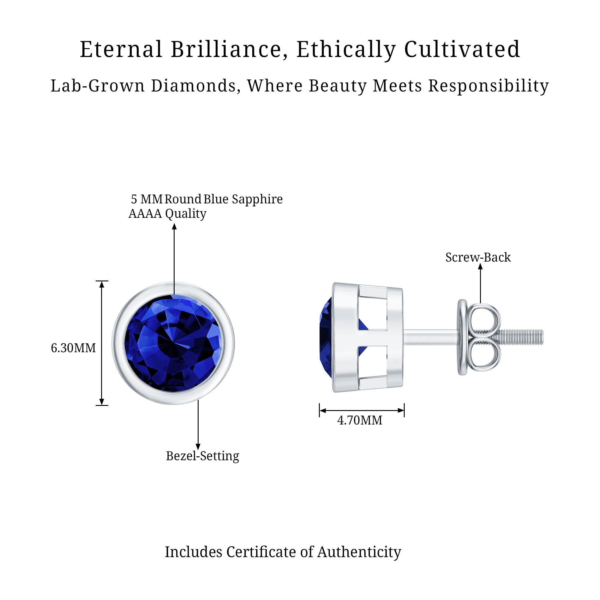 Solitaire 5MM Lab Created Blue Sapphire Stud Earrings in Bezel Setting AAAA - Rosec Jewels