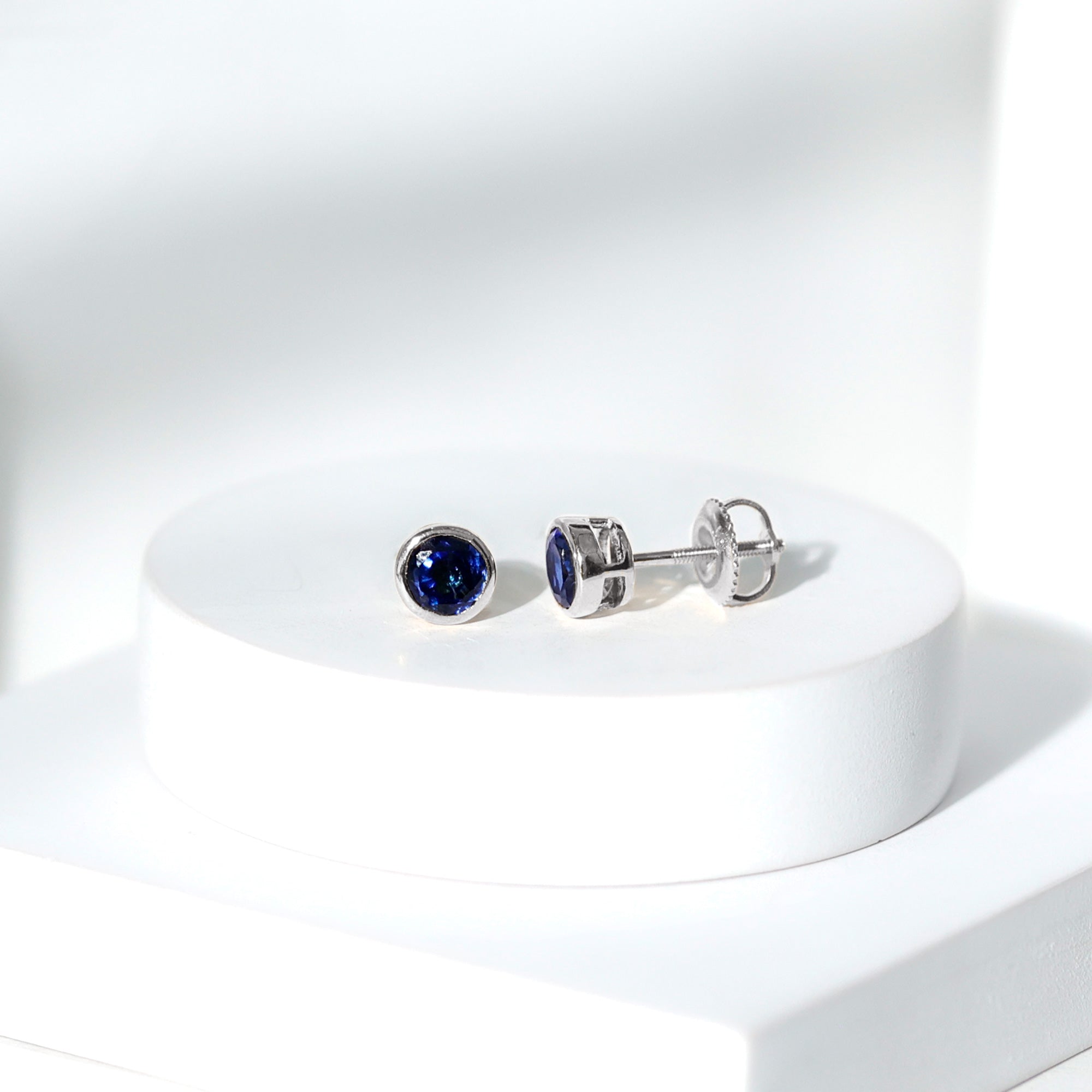 Solitaire 5MM Lab Created Blue Sapphire Stud Earrings in Bezel Setting AAAA - Rosec Jewels