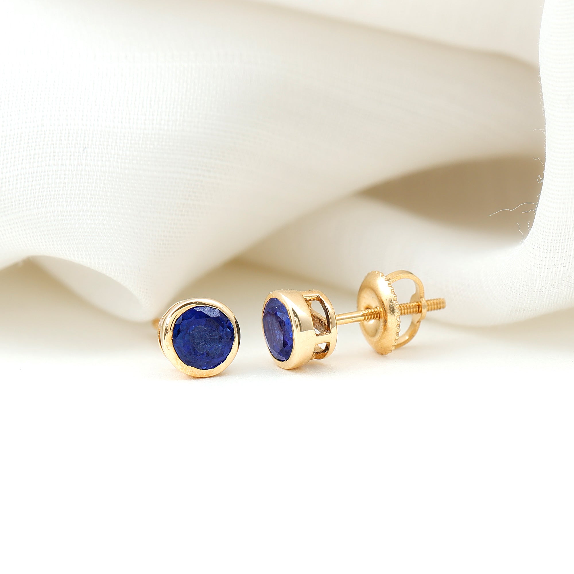 Solitaire 5MM Lab Created Blue Sapphire Stud Earrings in Bezel Setting AAAA - Rosec Jewels