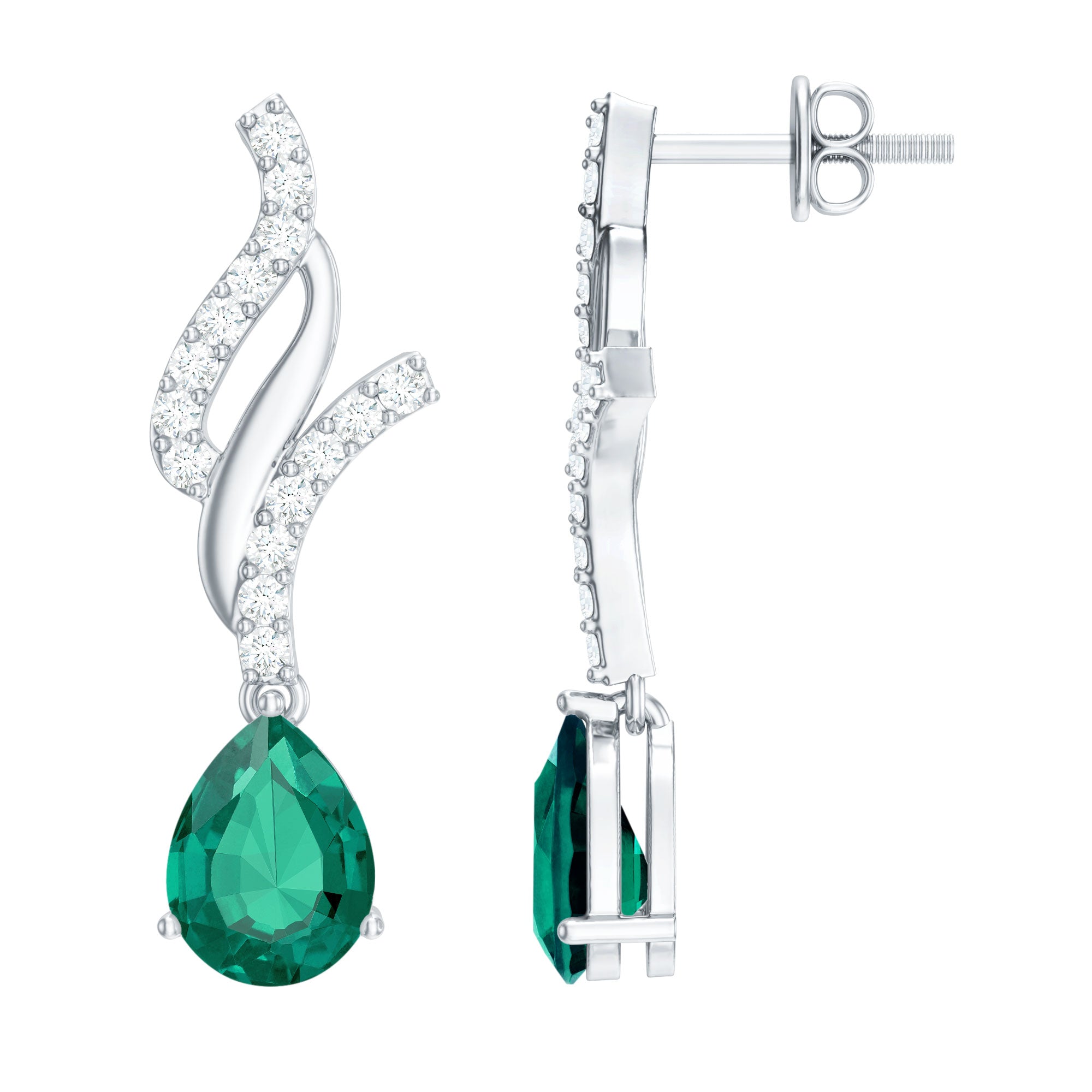 Vintage Lab Grown Emerald Teardrop Earrings with Diamond Accent AAAA - Rosec Jewels