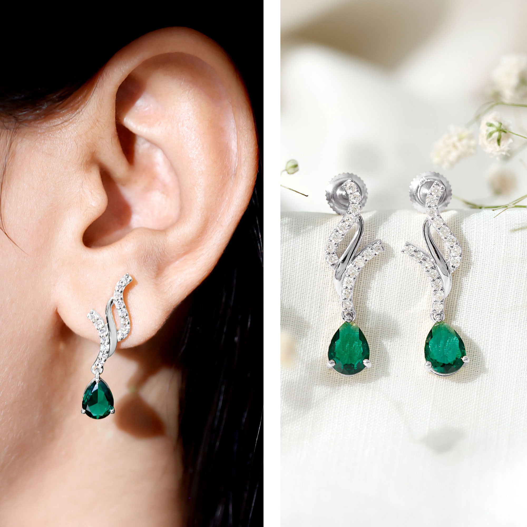 Vintage Lab Grown Emerald Teardrop Earrings with Diamond Accent AAAA - Rosec Jewels