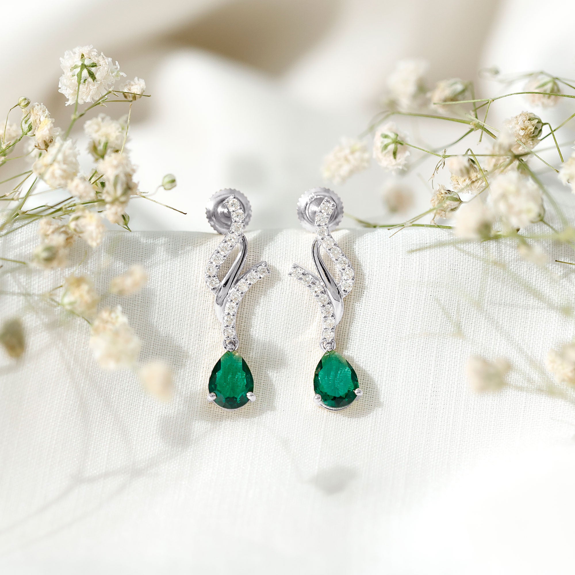 Vintage Lab Grown Emerald Teardrop Earrings with Diamond Accent AAAA - Rosec Jewels