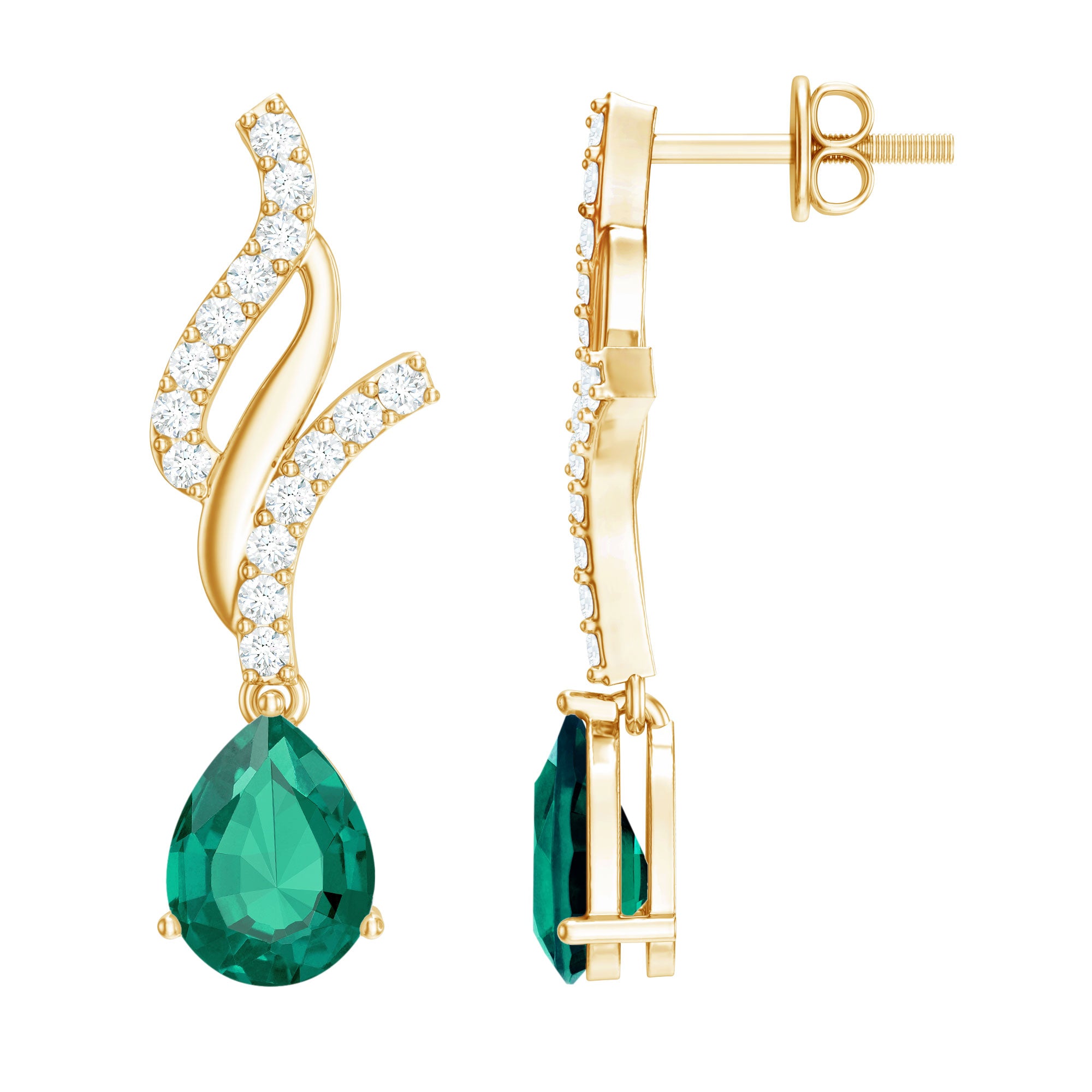 Vintage Lab Grown Emerald Teardrop Earrings with Diamond Accent AAAA - Rosec Jewels