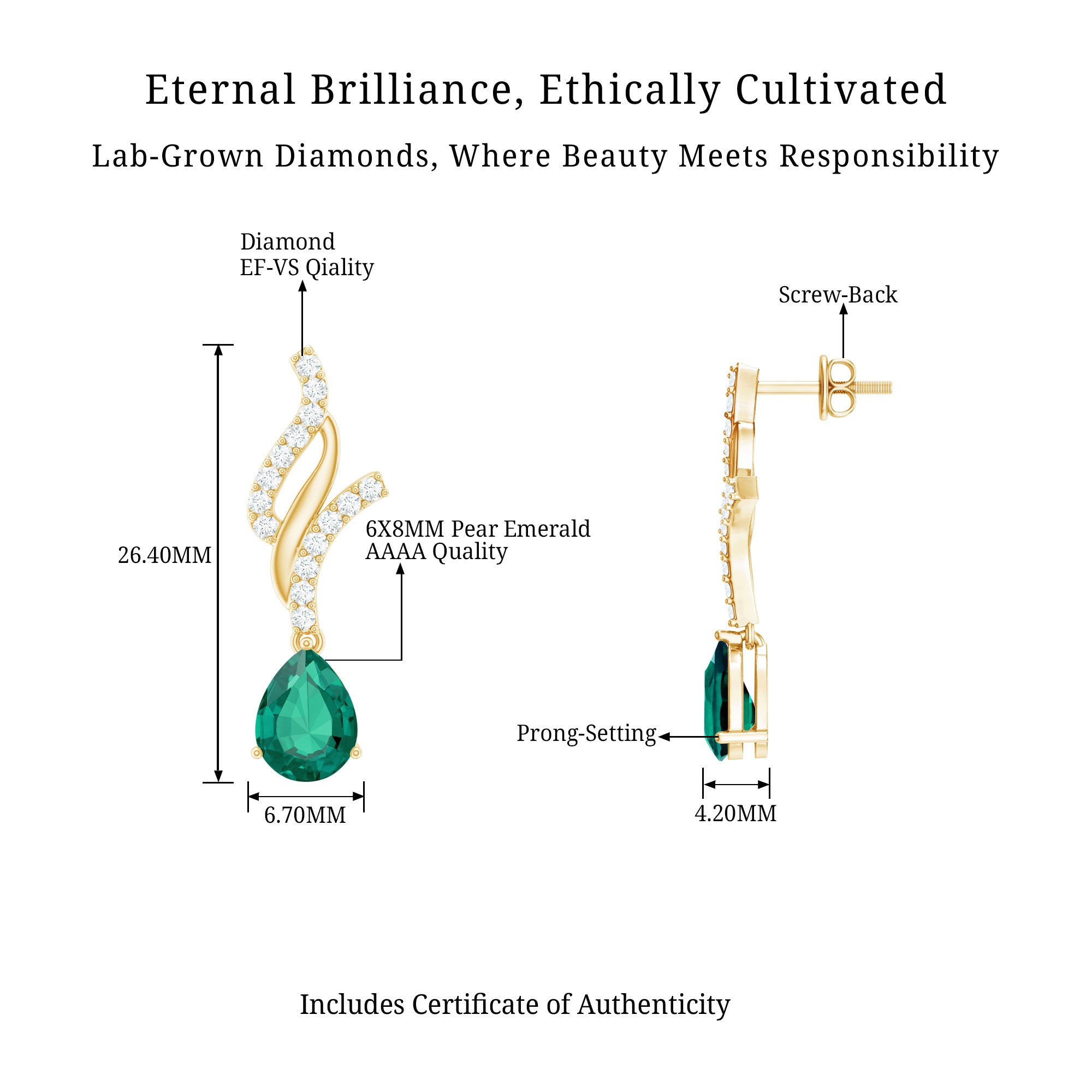 Vintage Lab Grown Emerald Teardrop Earrings with Diamond Accent AAAA - Rosec Jewels