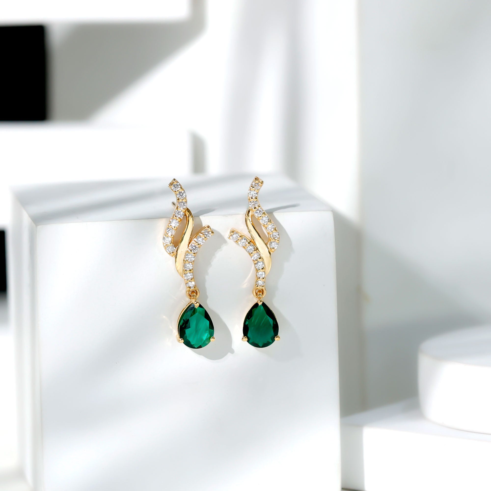 Vintage Lab Grown Emerald Teardrop Earrings with Diamond Accent AAAA - Rosec Jewels