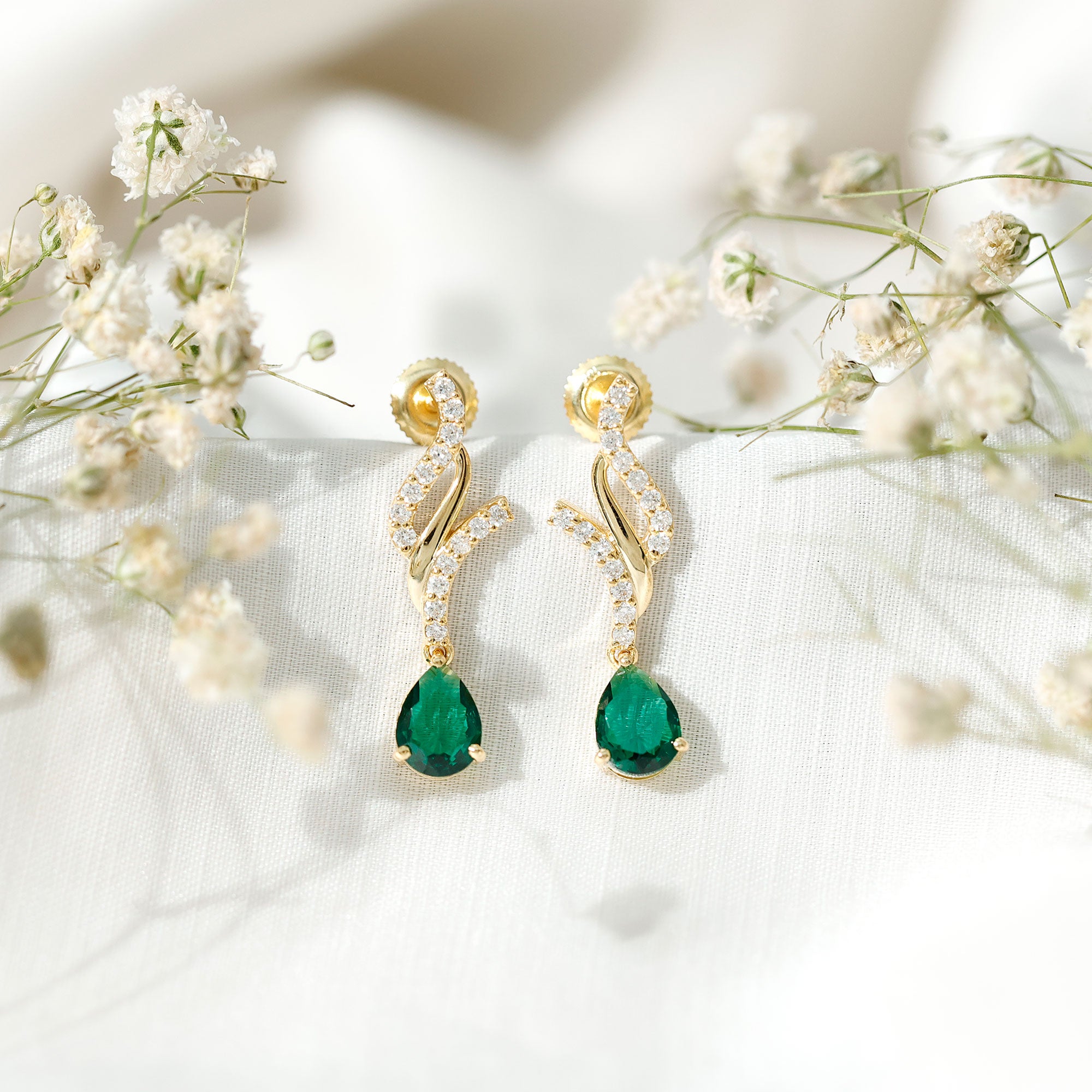 Vintage Lab Grown Emerald Teardrop Earrings with Diamond Accent AAAA - Rosec Jewels