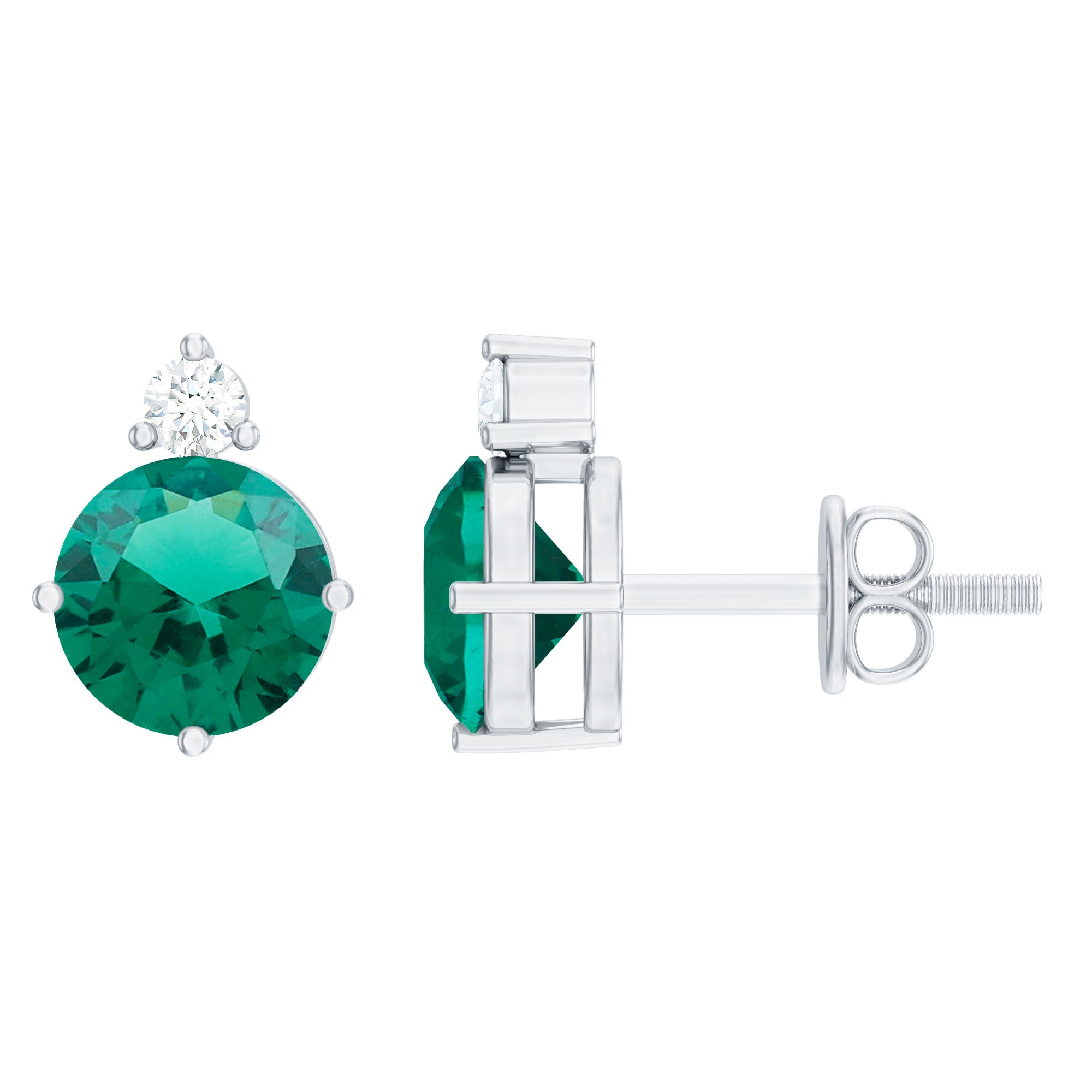 Lab Grown Emerald Screw Back Earrings With Diamond AAAA - Rosec Jewels