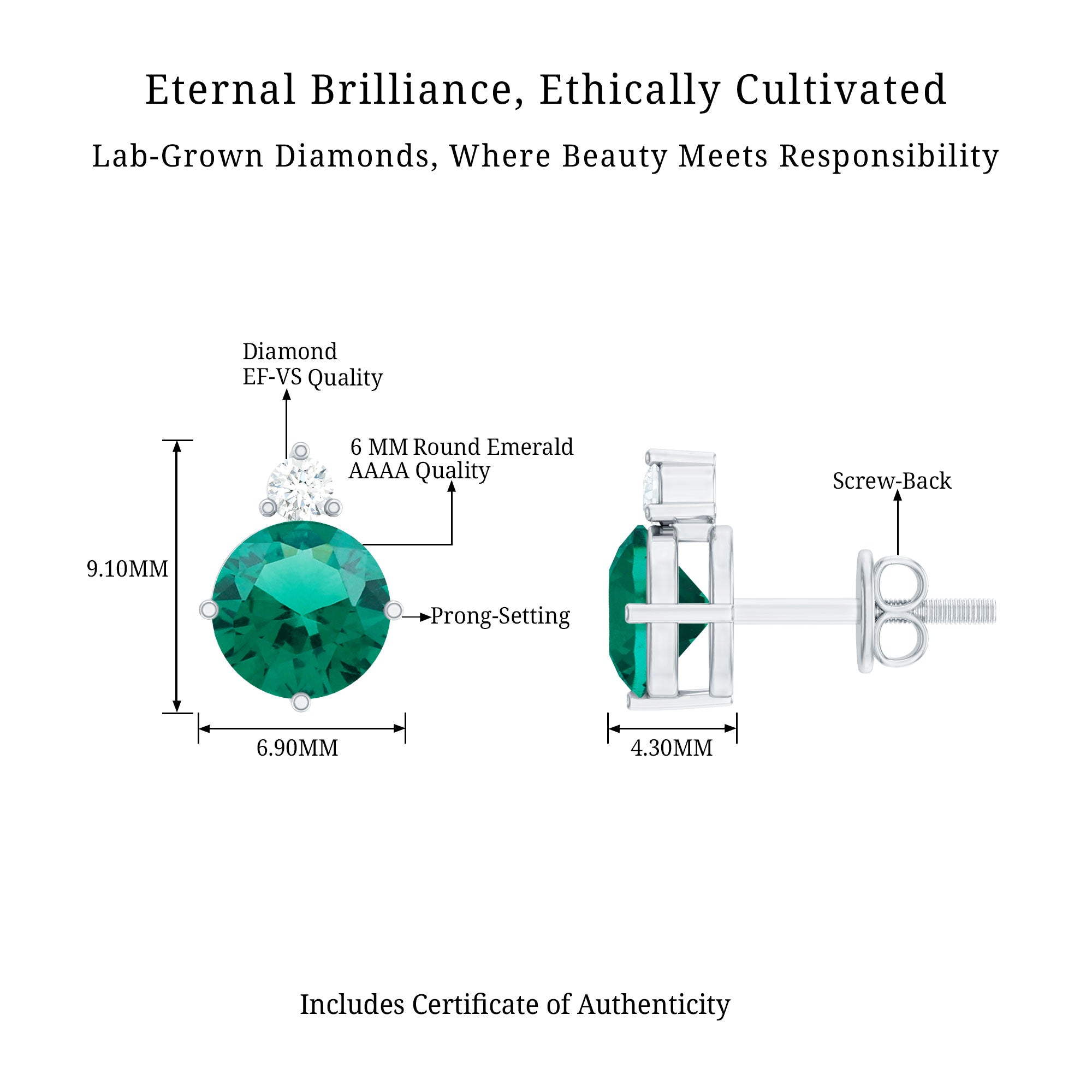 Lab Grown Emerald Screw Back Earrings With Diamond AAAA - Rosec Jewels
