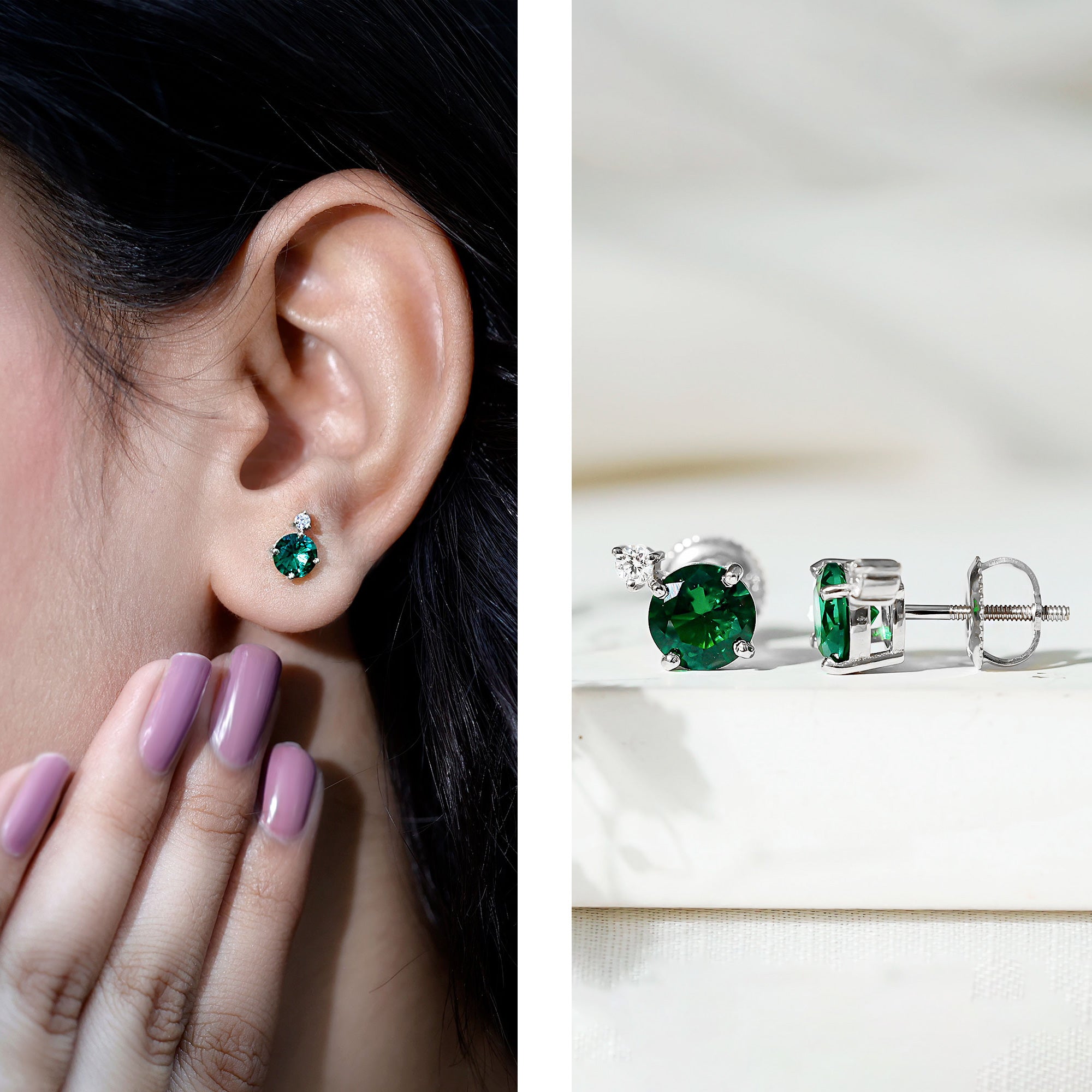 Lab Grown Emerald Screw Back Earrings With Diamond AAAA - Rosec Jewels