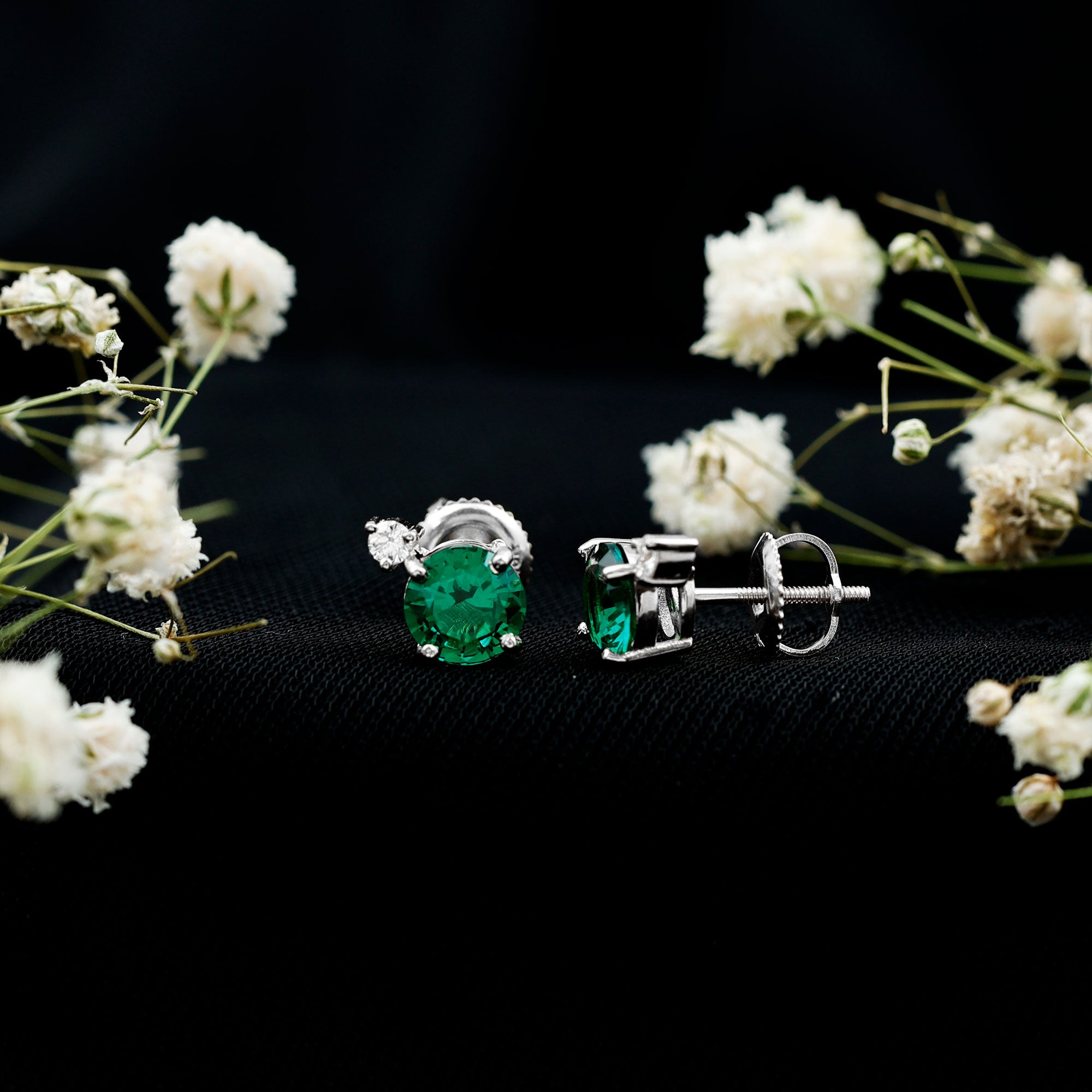 Lab Grown Emerald Screw Back Earrings With Diamond AAAA - Rosec Jewels