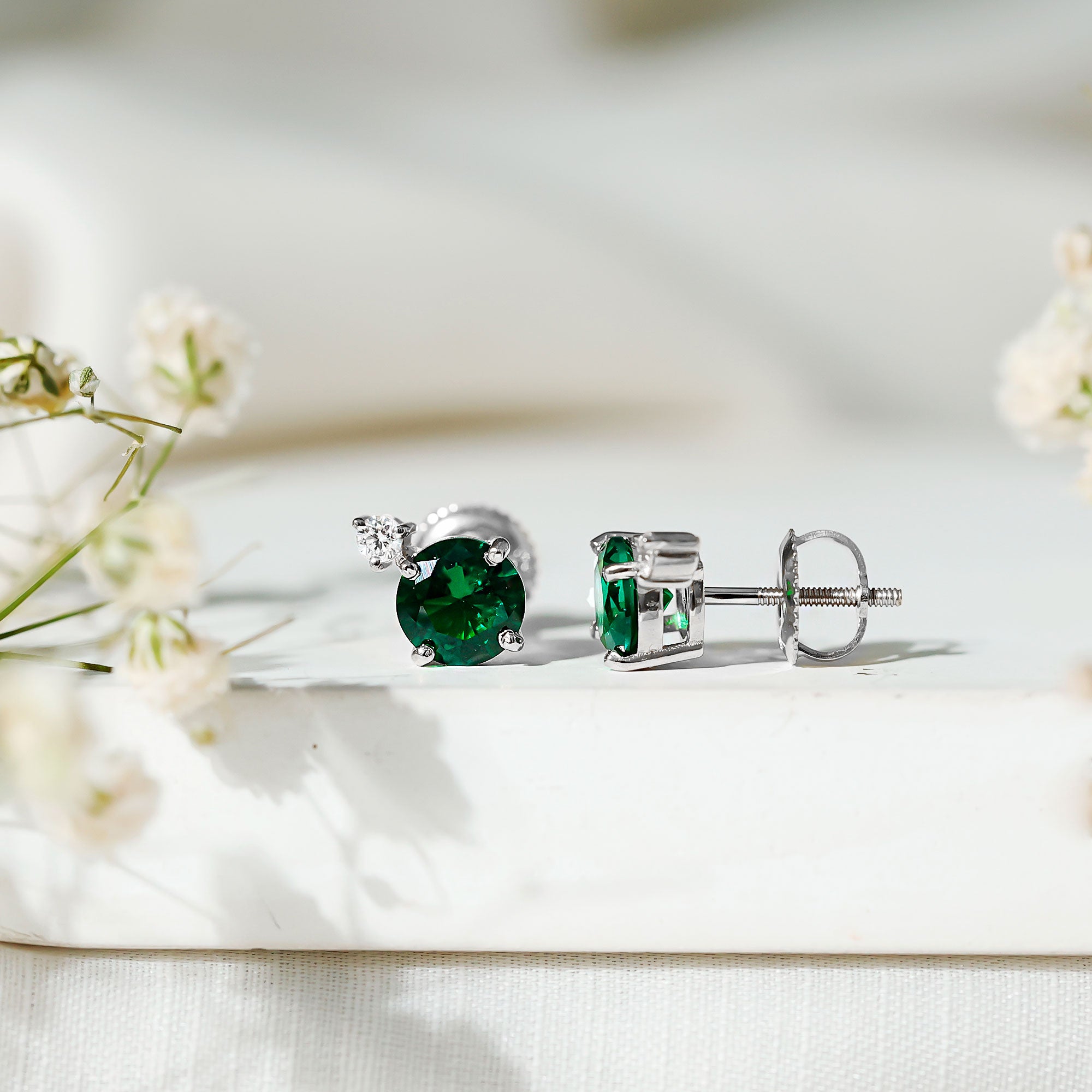 Lab Grown Emerald Screw Back Earrings With Diamond AAAA - Rosec Jewels