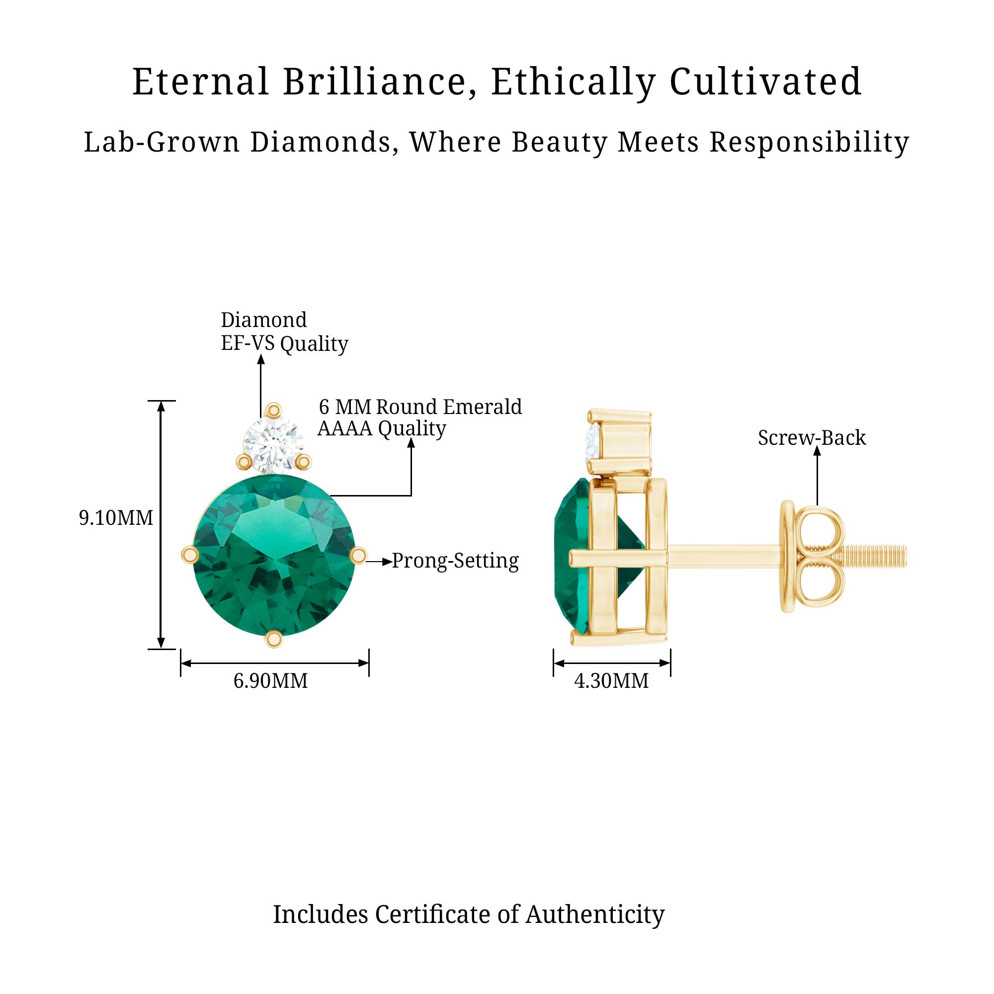 Lab Grown Emerald Screw Back Earrings With Diamond AAAA - Rosec Jewels