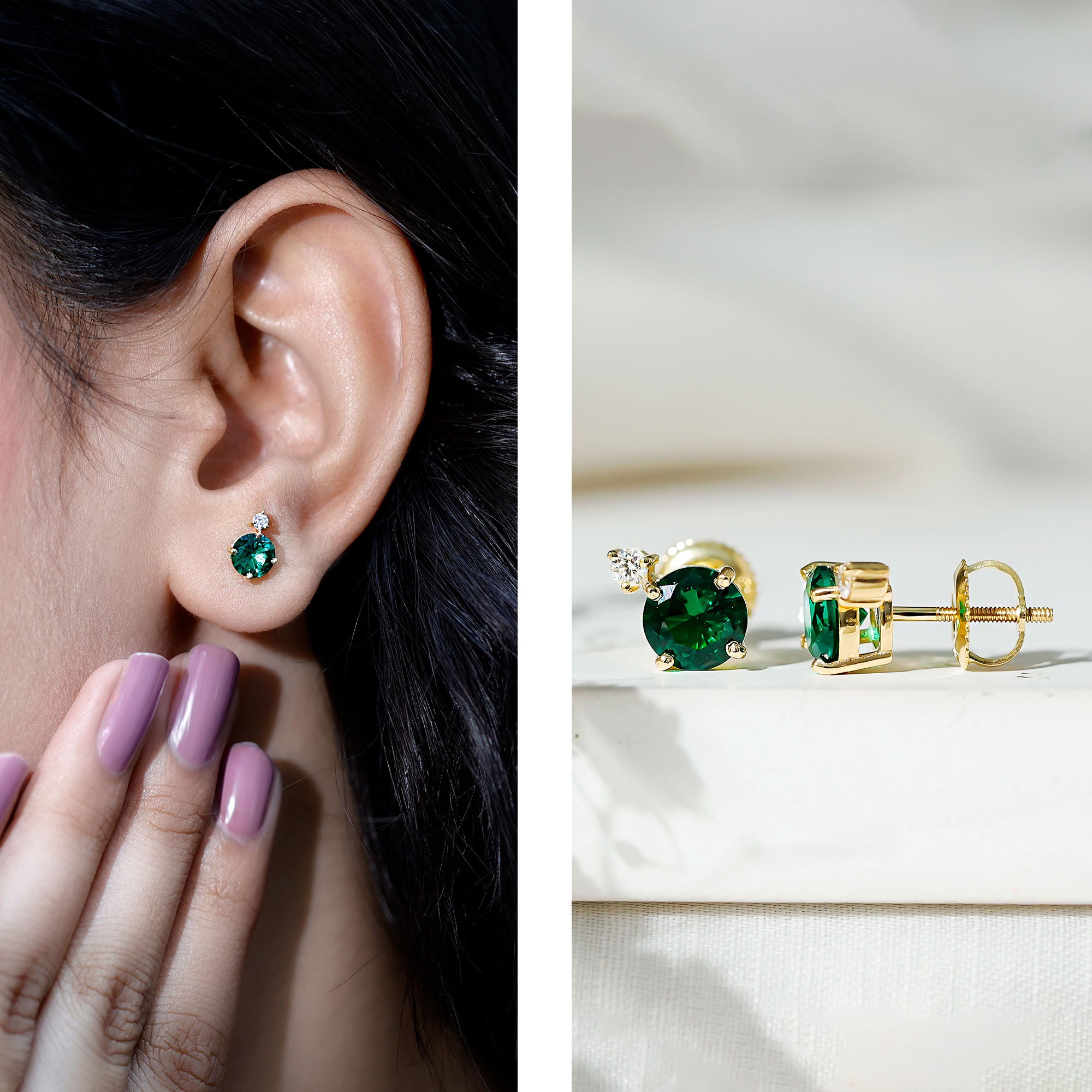 Lab Grown Emerald Screw Back Earrings With Diamond AAAA - Rosec Jewels