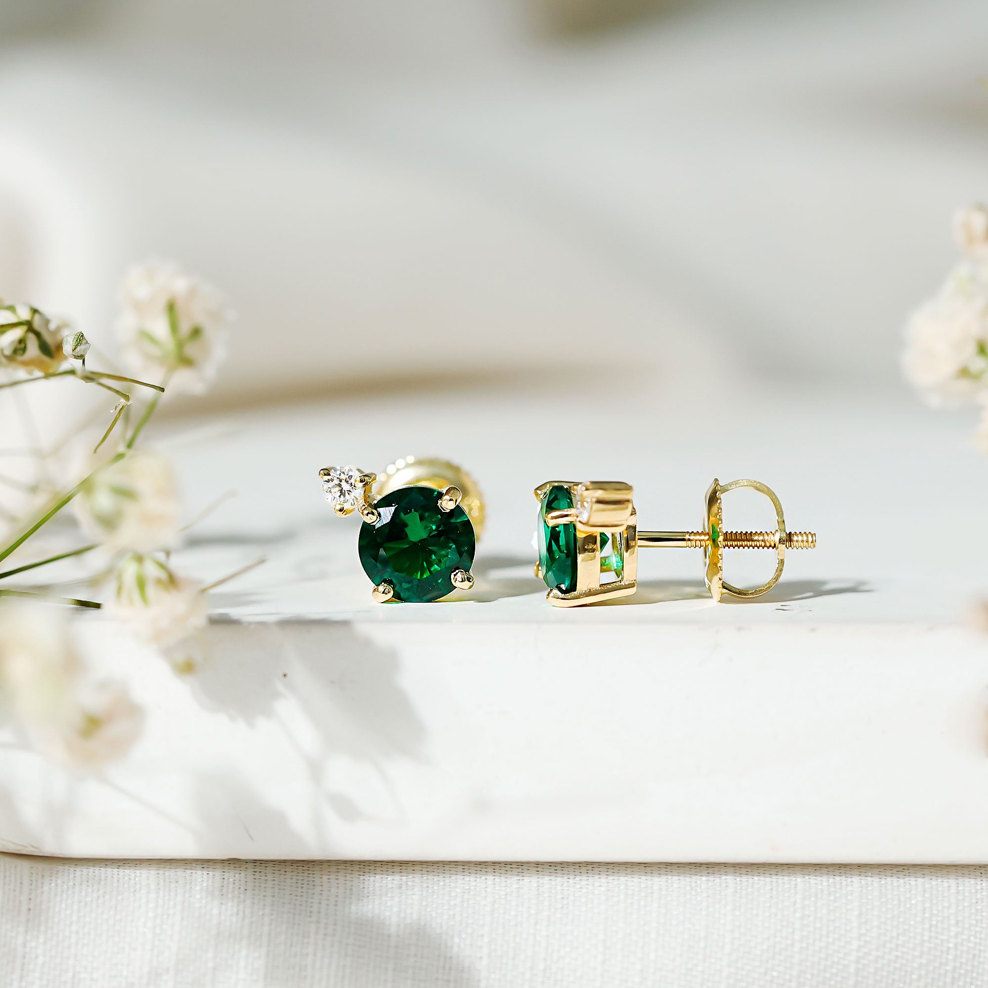 Lab Grown Emerald Screw Back Earrings With Diamond AAAA - Rosec Jewels
