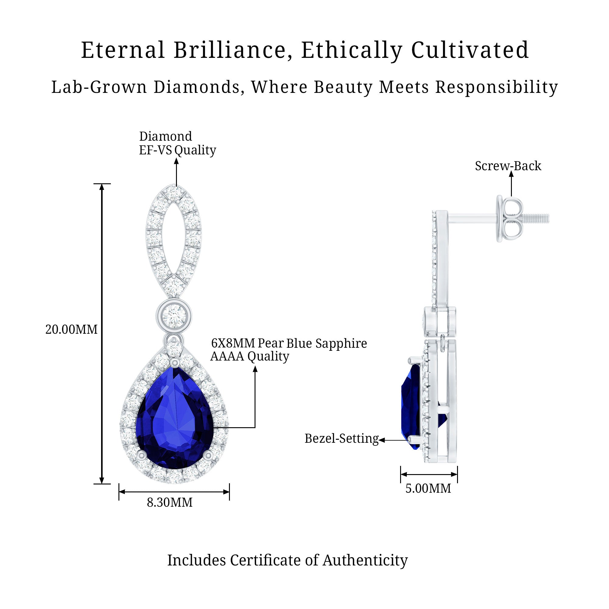 Designer Lab Grown Sapphire Drop Earrings with Diamond AAAA - Rosec Jewels