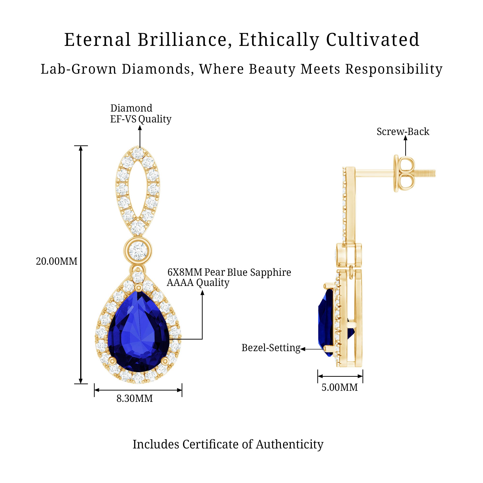 Designer Lab Grown Sapphire Drop Earrings with Diamond AAAA - Rosec Jewels