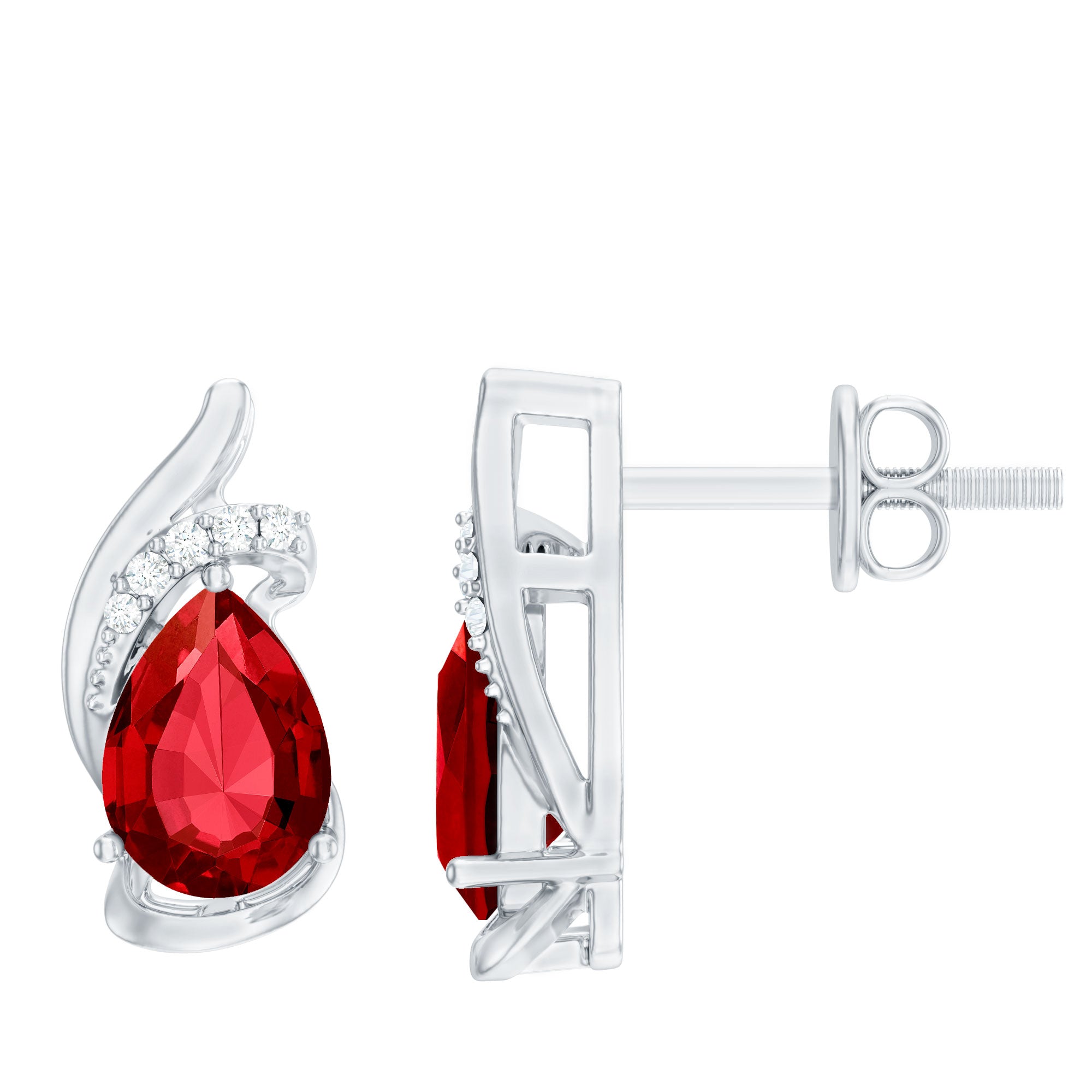 Lab Created Ruby Teardrop Stud Earrings with Diamond Accent AAAA - Rosec Jewels
