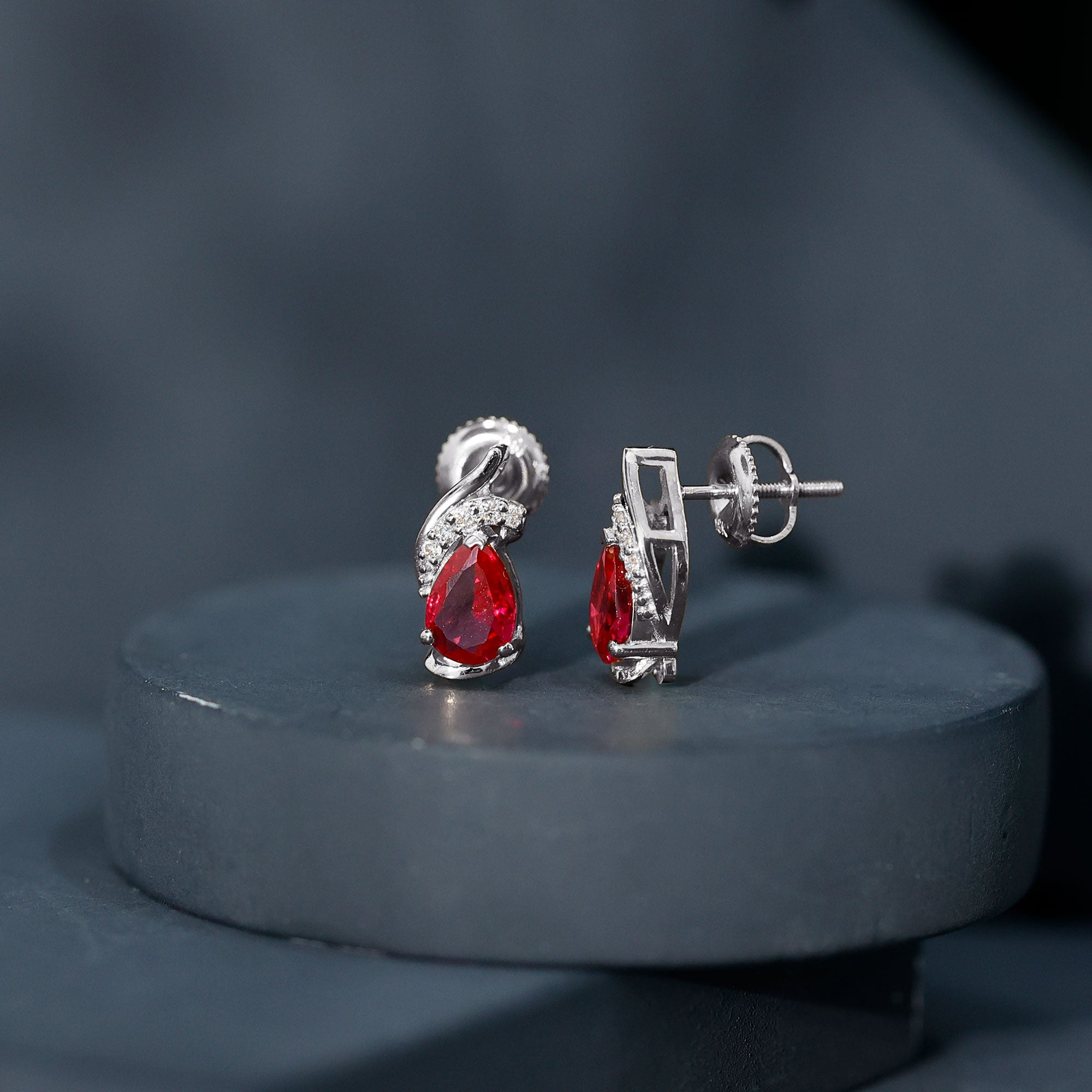 Lab Created Ruby Teardrop Stud Earrings with Diamond Accent AAAA - Rosec Jewels