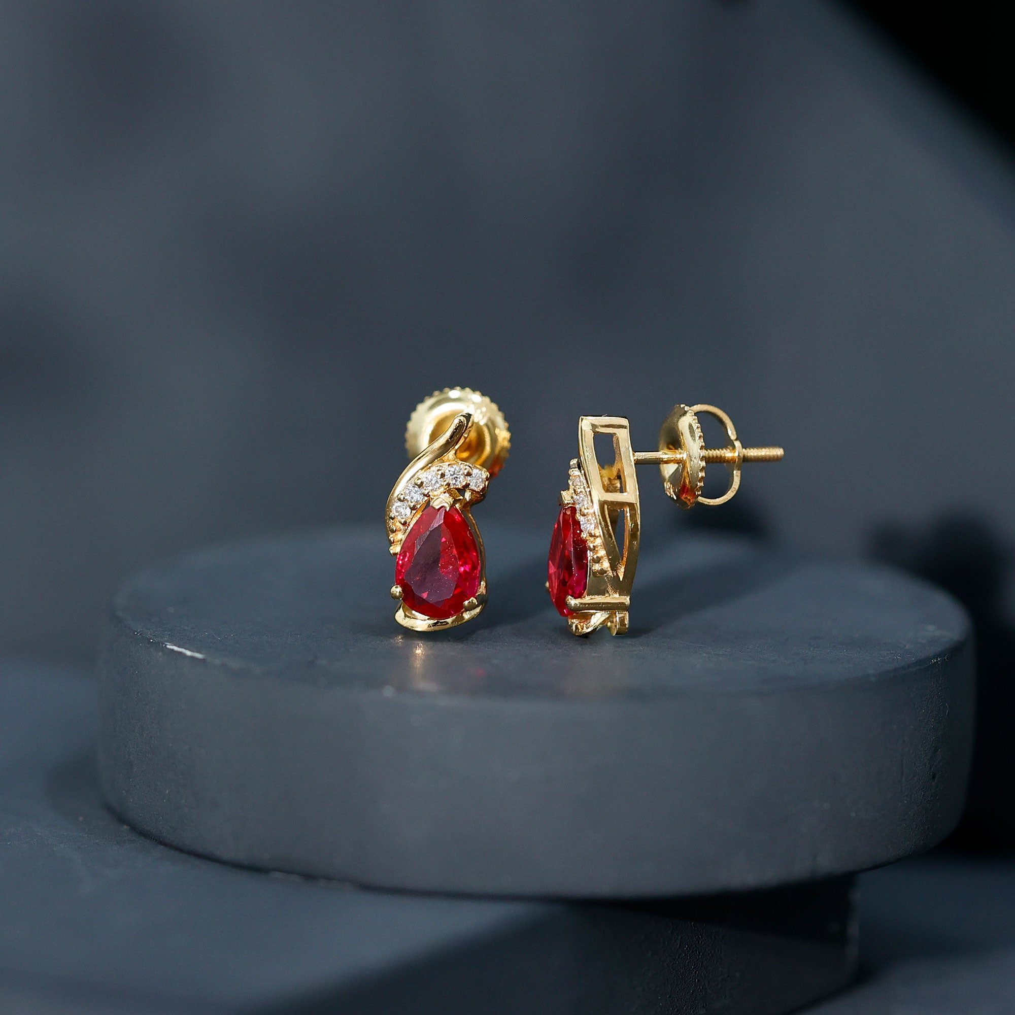 Lab Created Ruby Teardrop Stud Earrings with Diamond Accent AAAA - Rosec Jewels