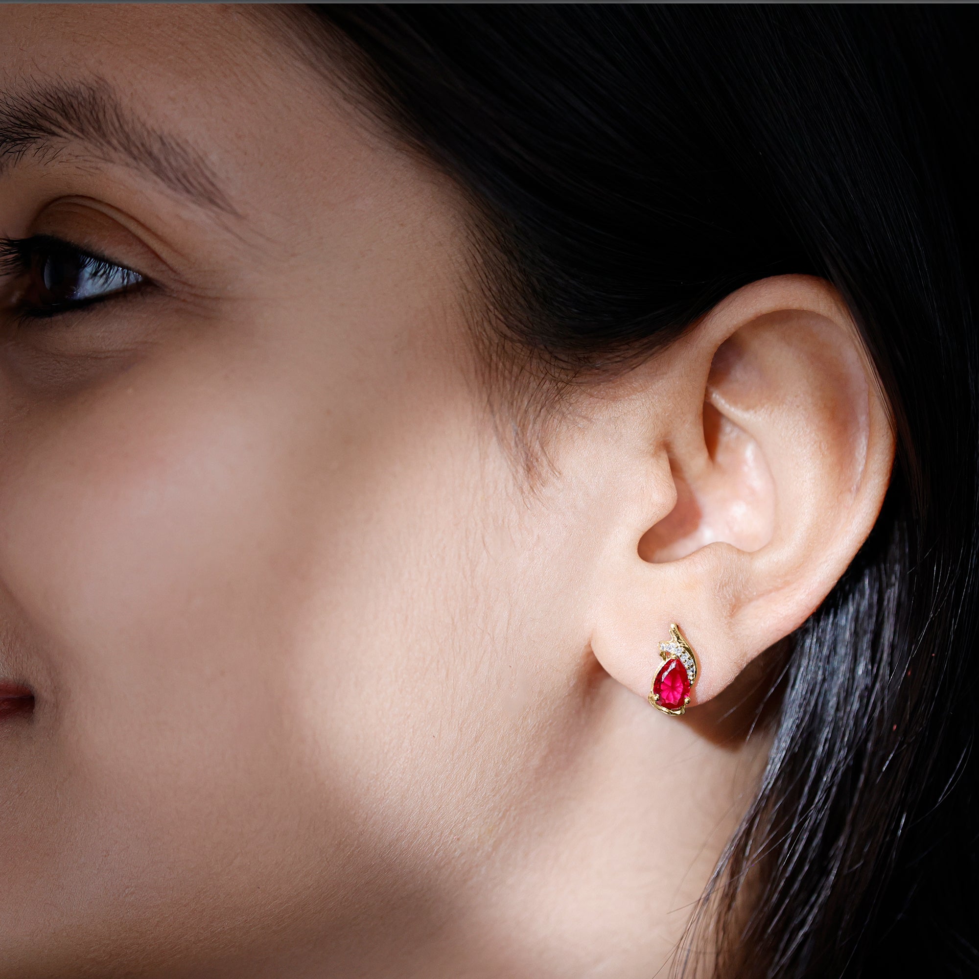 Lab Created Ruby Teardrop Stud Earrings with Diamond Accent AAAA - Rosec Jewels