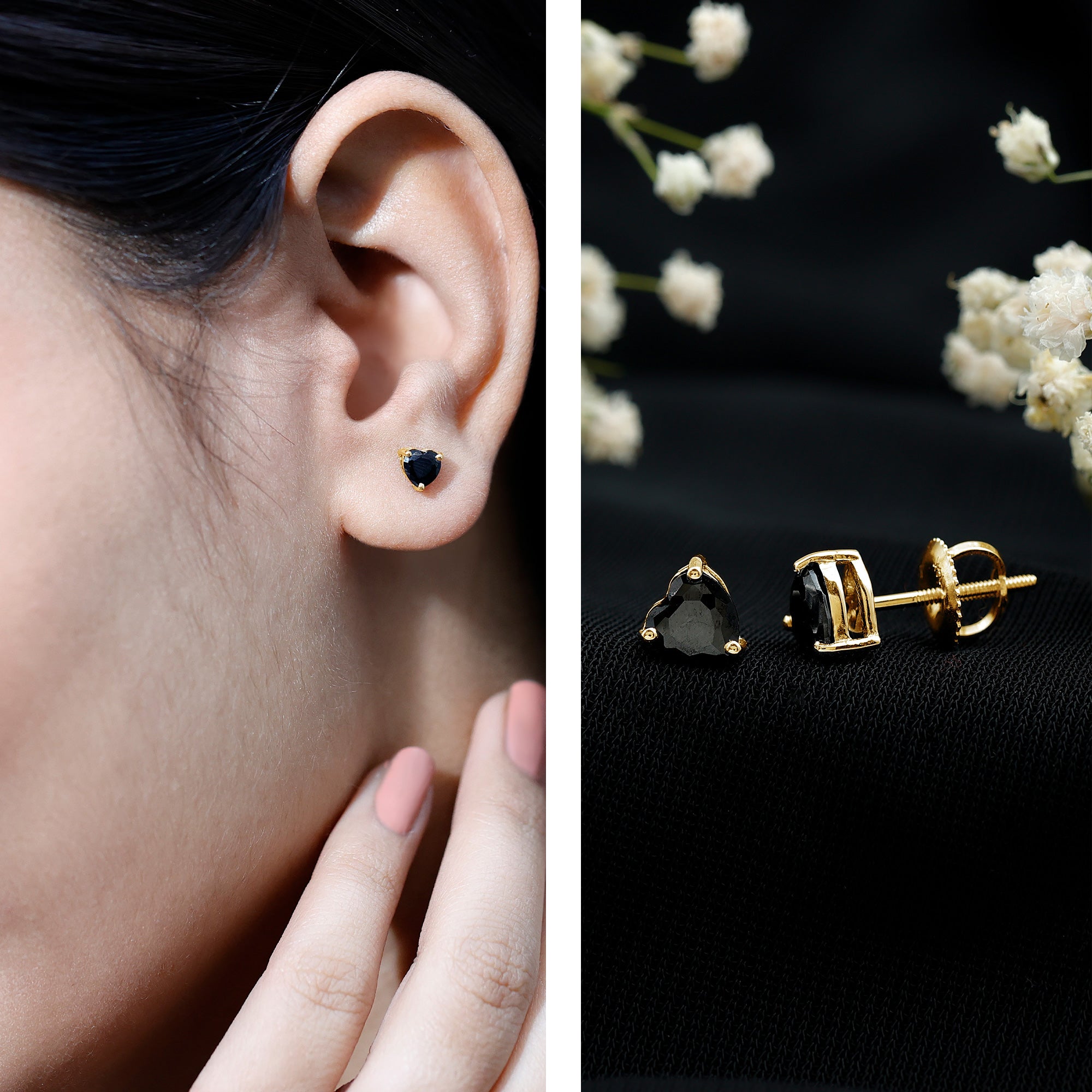 Lab Grown Black Diamond Heart Stud Earrings With Screw Back AAAA ( Synthetic ) - Rosec Jewels