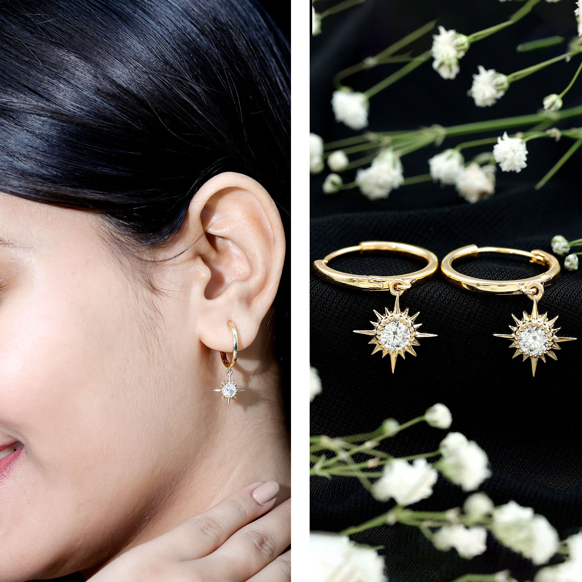 Certified Lab Grown Diamond Sunburst Hoop Earrings Lab - ( EF-VS ) - Rosec Jewels