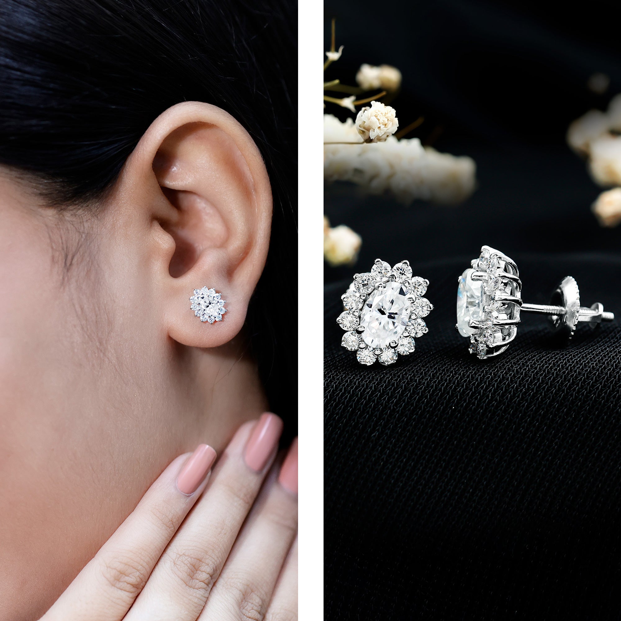 Certified Oval Shaped Lab Grown Diamond Halo Stud Earrings Lab - ( EF-VS ) - Rosec Jewels