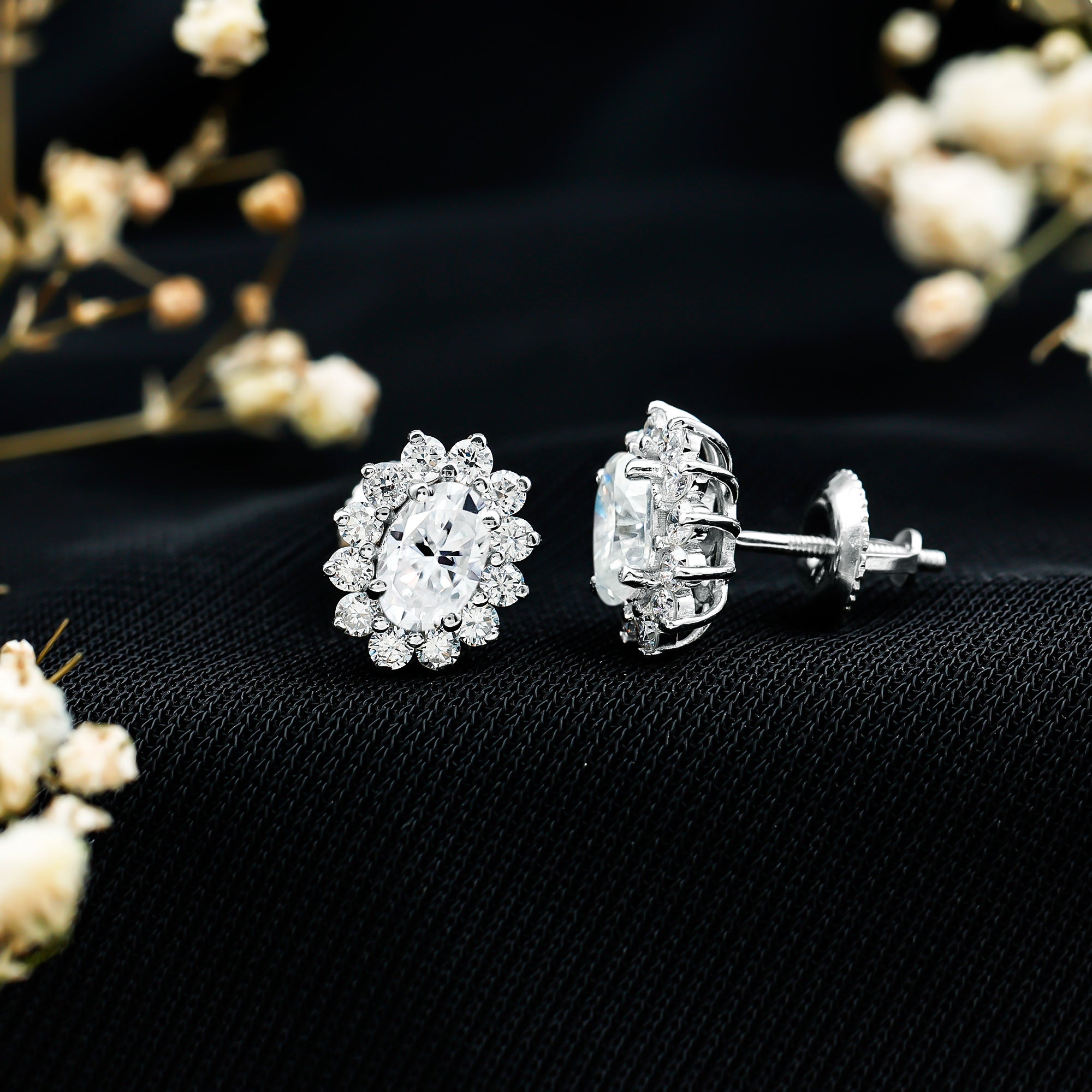 Certified Oval Shaped Lab Grown Diamond Halo Stud Earrings Lab - ( EF-VS ) - Rosec Jewels