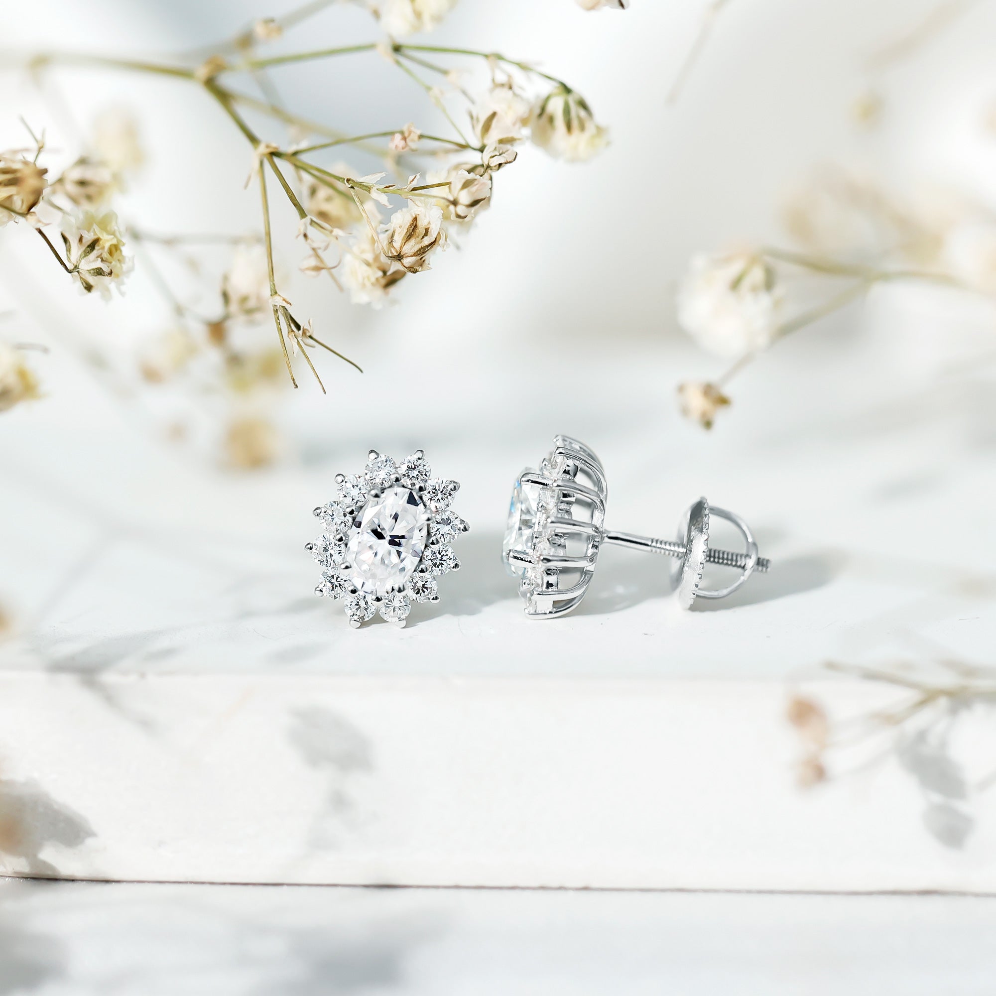 Certified Oval Shaped Lab Grown Diamond Halo Stud Earrings Lab - ( EF-VS ) - Rosec Jewels