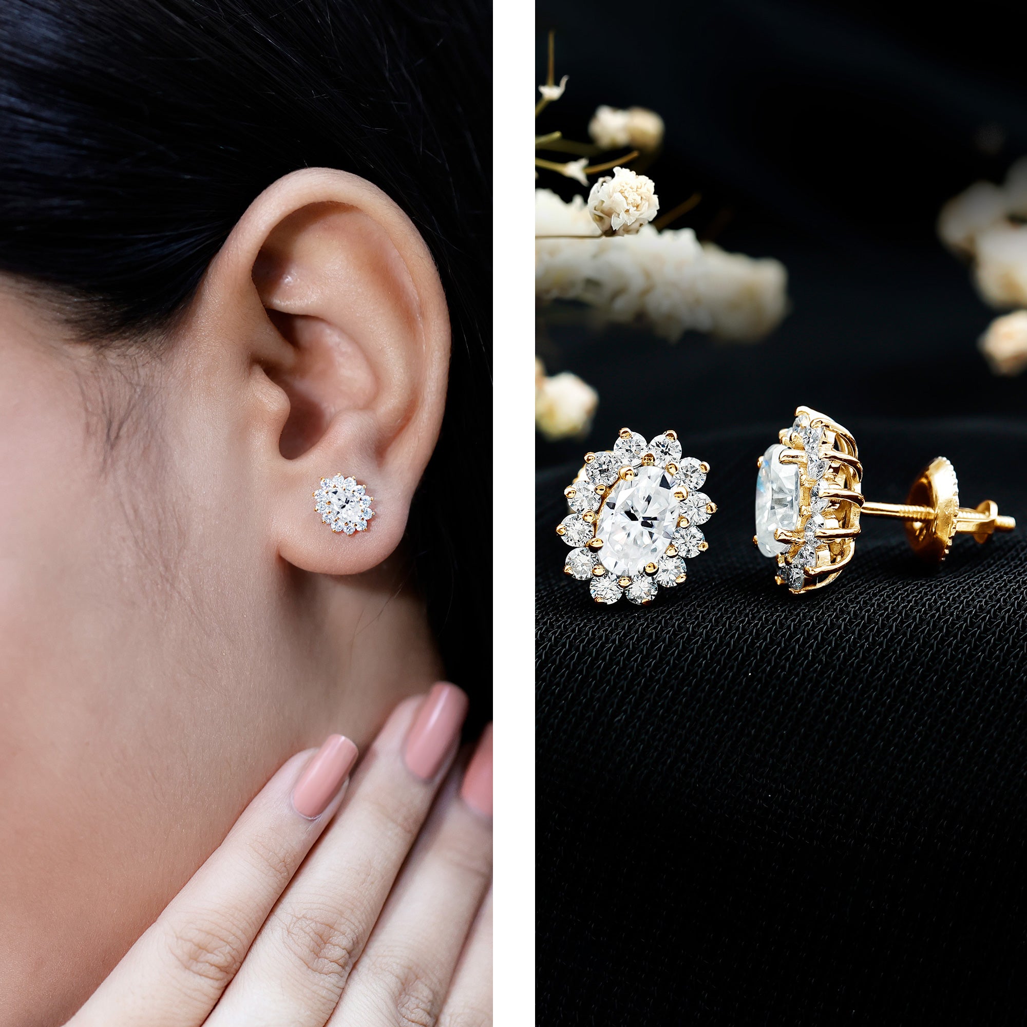 Certified Oval Shaped Lab Grown Diamond Halo Stud Earrings Lab - ( EF-VS ) - Rosec Jewels