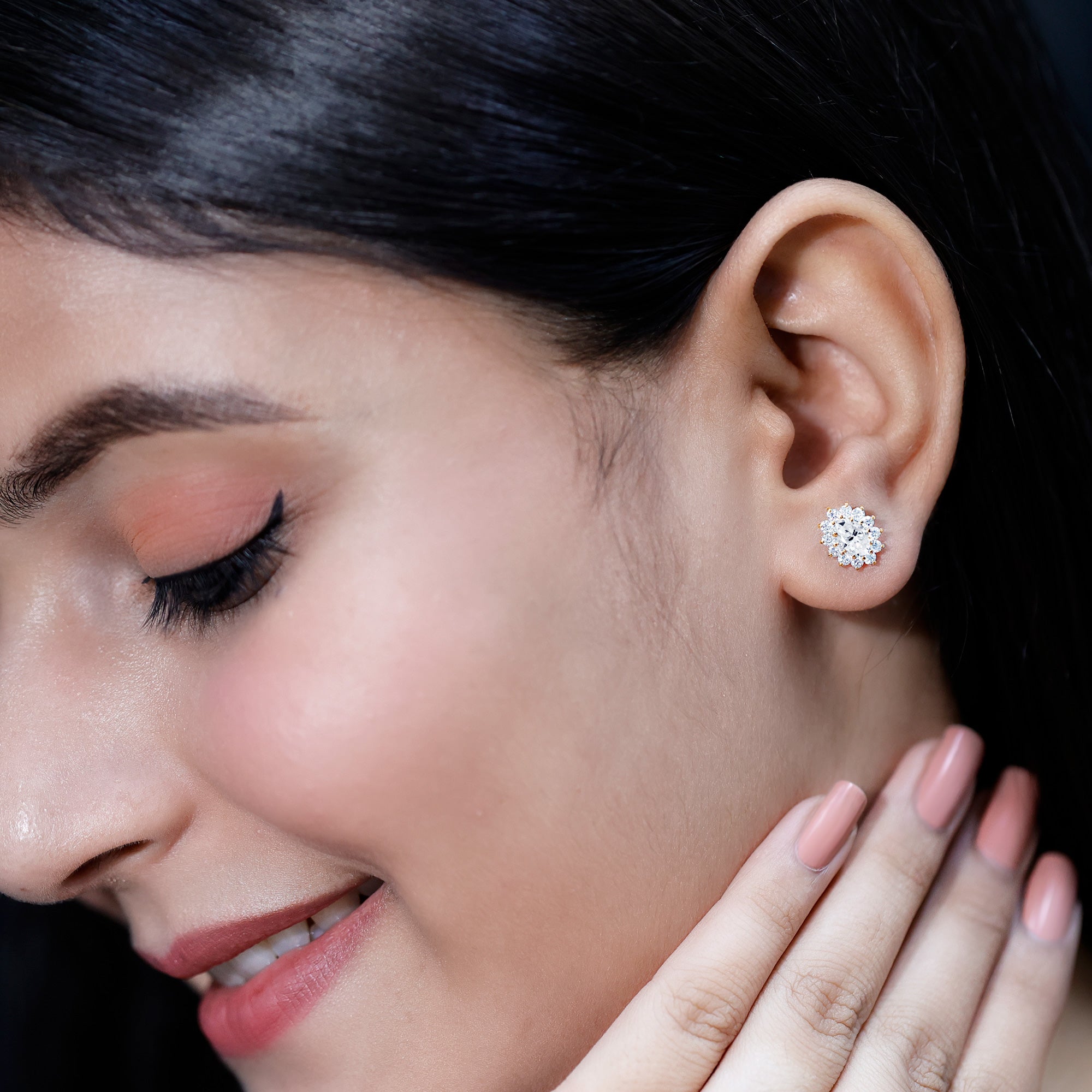 Certified Oval Shaped Lab Grown Diamond Halo Stud Earrings Lab - ( EF-VS ) - Rosec Jewels