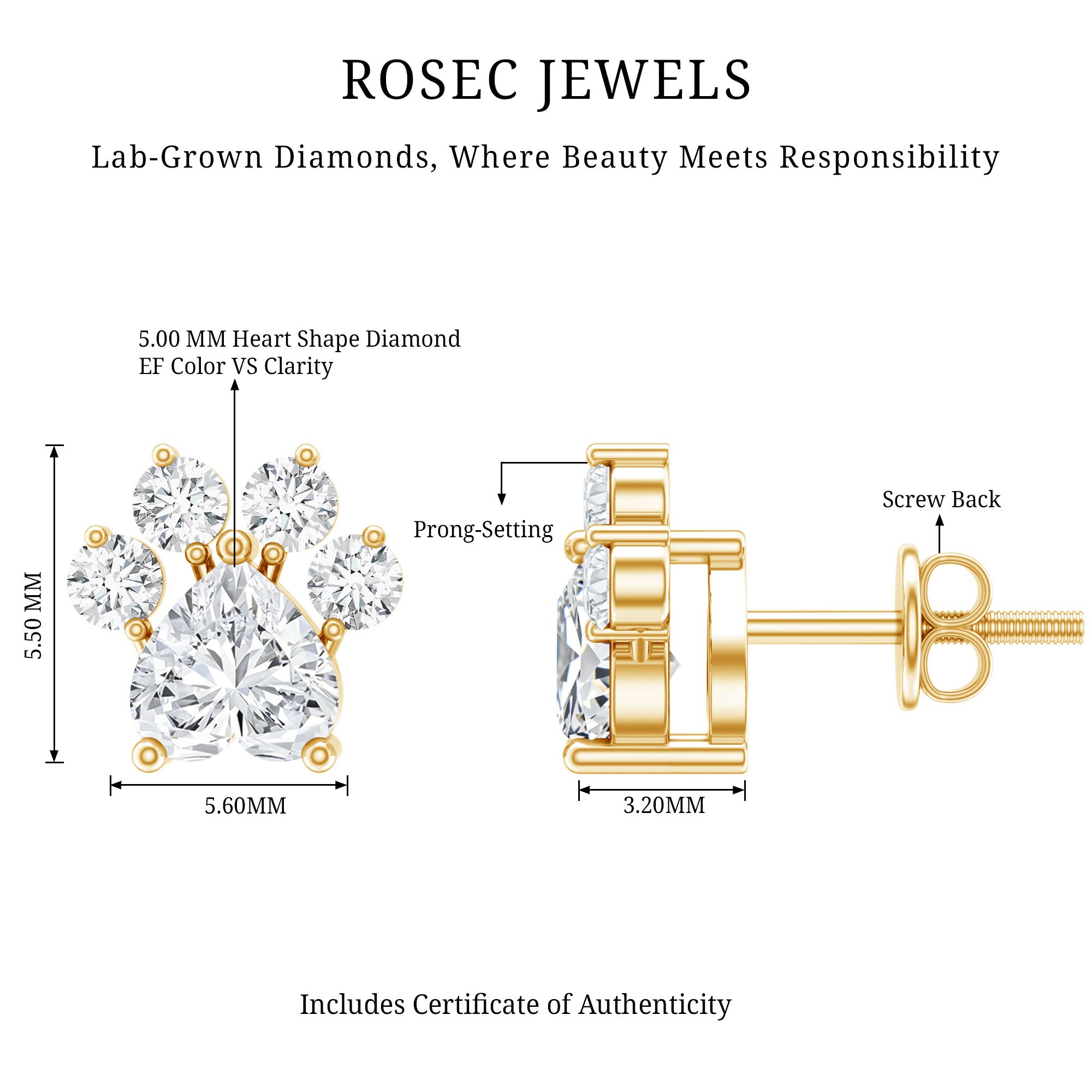 Certified Lab Grown Diamond Dog Paw Stud Earrings Lab - ( EF-VS ) - Rosec Jewels