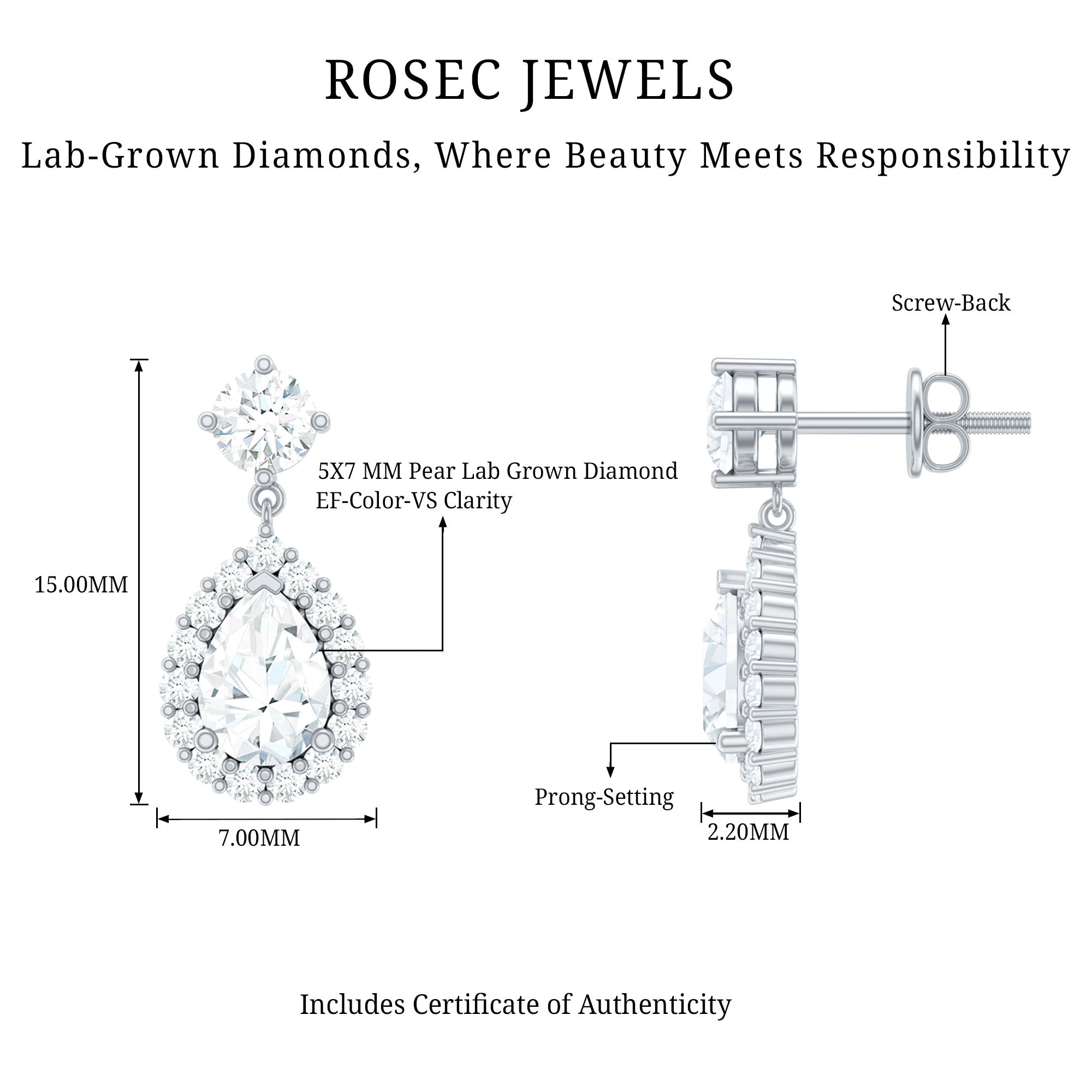 Lab 5X7MM Pear Shaped Diamond Bridal Drop Earrings Lab - ( EF-VS ) - Rosec Jewels