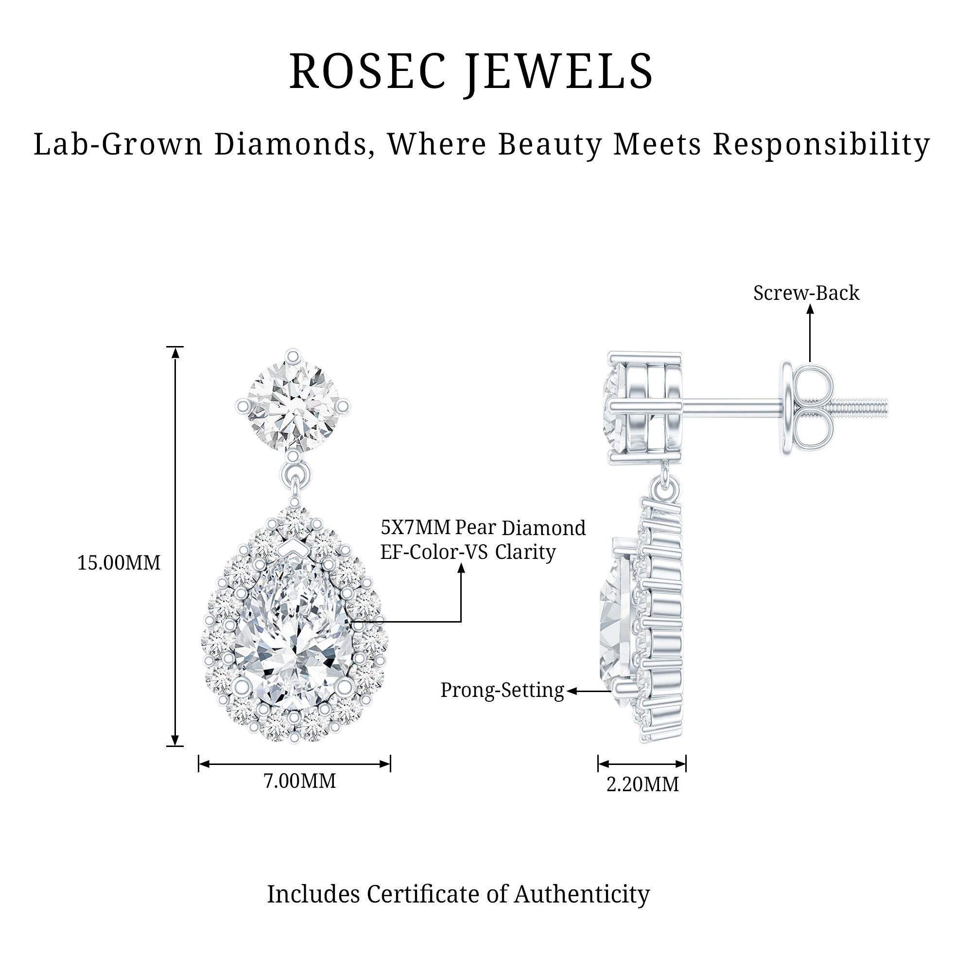 Lab 1.3 Carat Pear Shaped Diamond Bridal Drop Earrings Lab - ( EF-VS ) - Rosec Jewels
