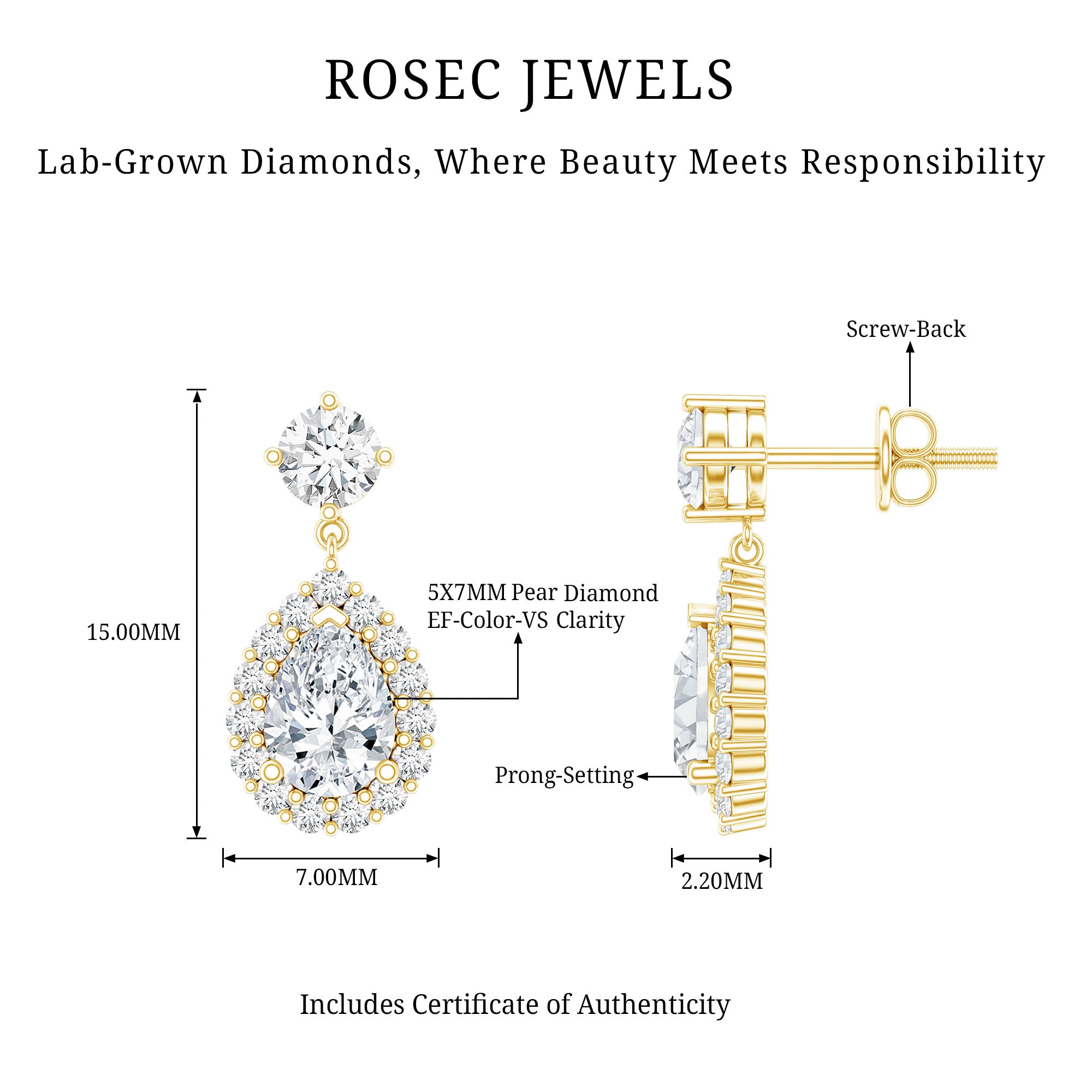 Lab 1.3 Carat Pear Shaped Diamond Bridal Drop Earrings Lab - ( EF-VS ) - Rosec Jewels