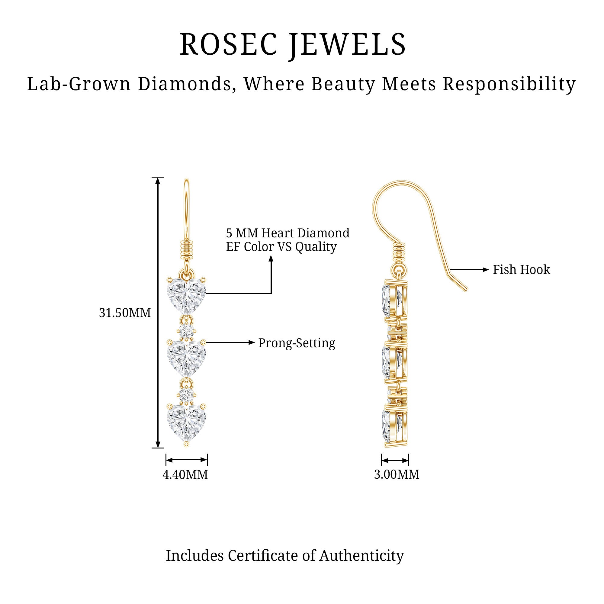 Certified Lab Heart Shaped Diamond Fish Hook Dangle Earrings Lab - ( EF-VS ) - Rosec Jewels