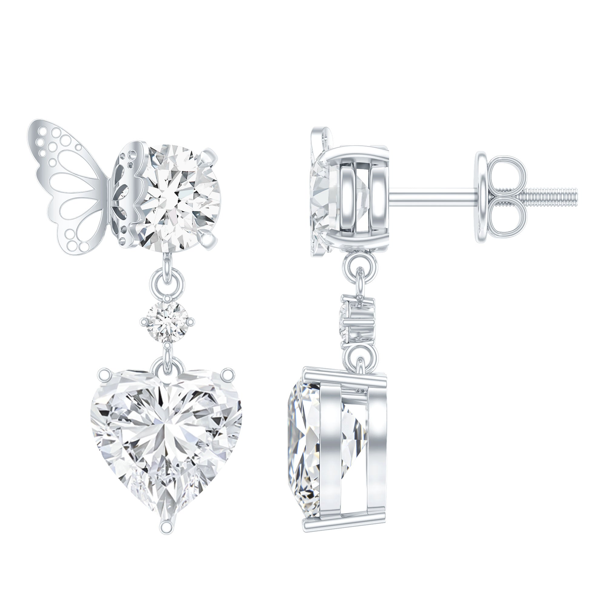 Heart Shaped Lab Grown Diamond Butterfly Drop Earrings Lab - ( EF-VS ) - Rosec Jewels