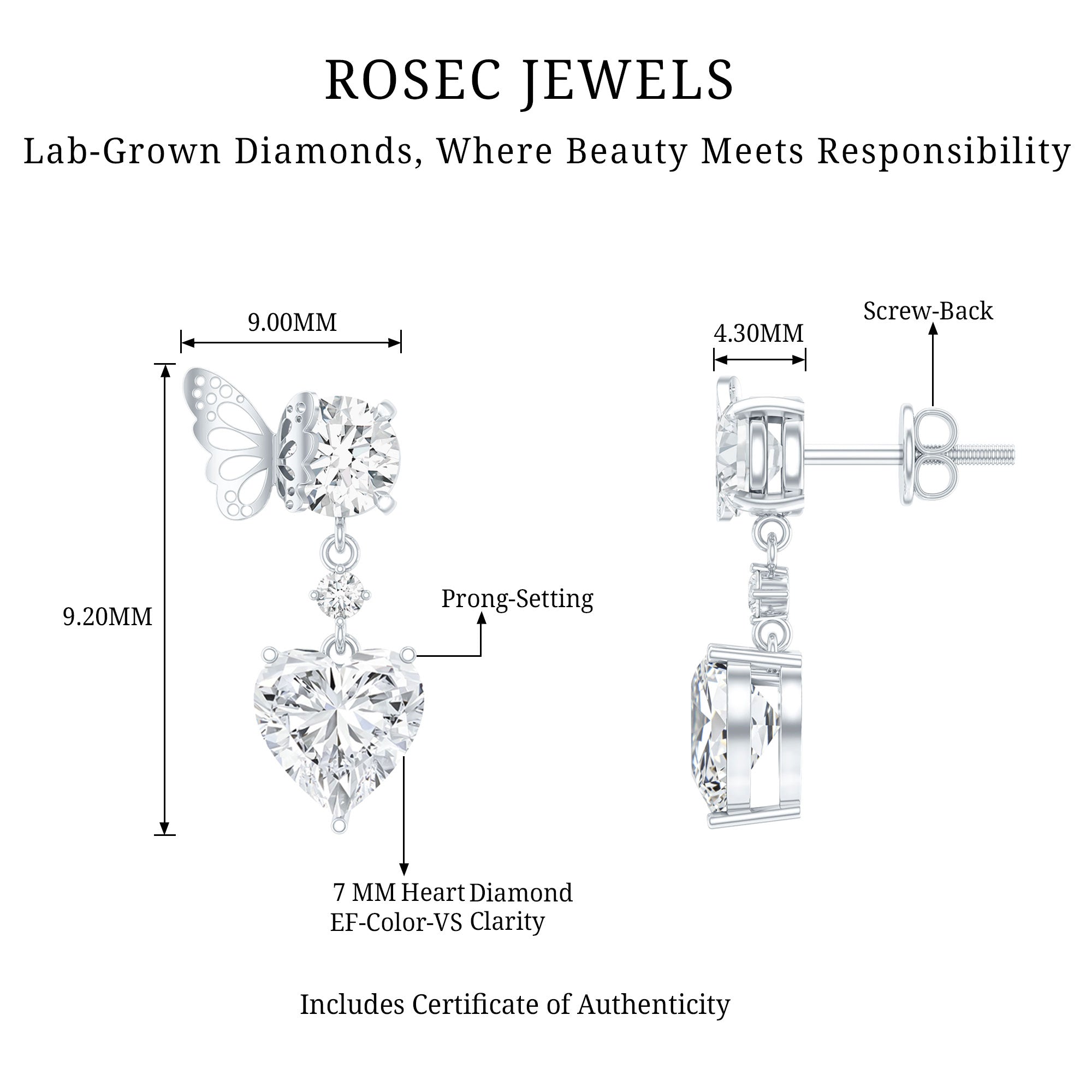 Heart Shaped Lab Grown Diamond Butterfly Drop Earrings Lab - ( EF-VS ) - Rosec Jewels