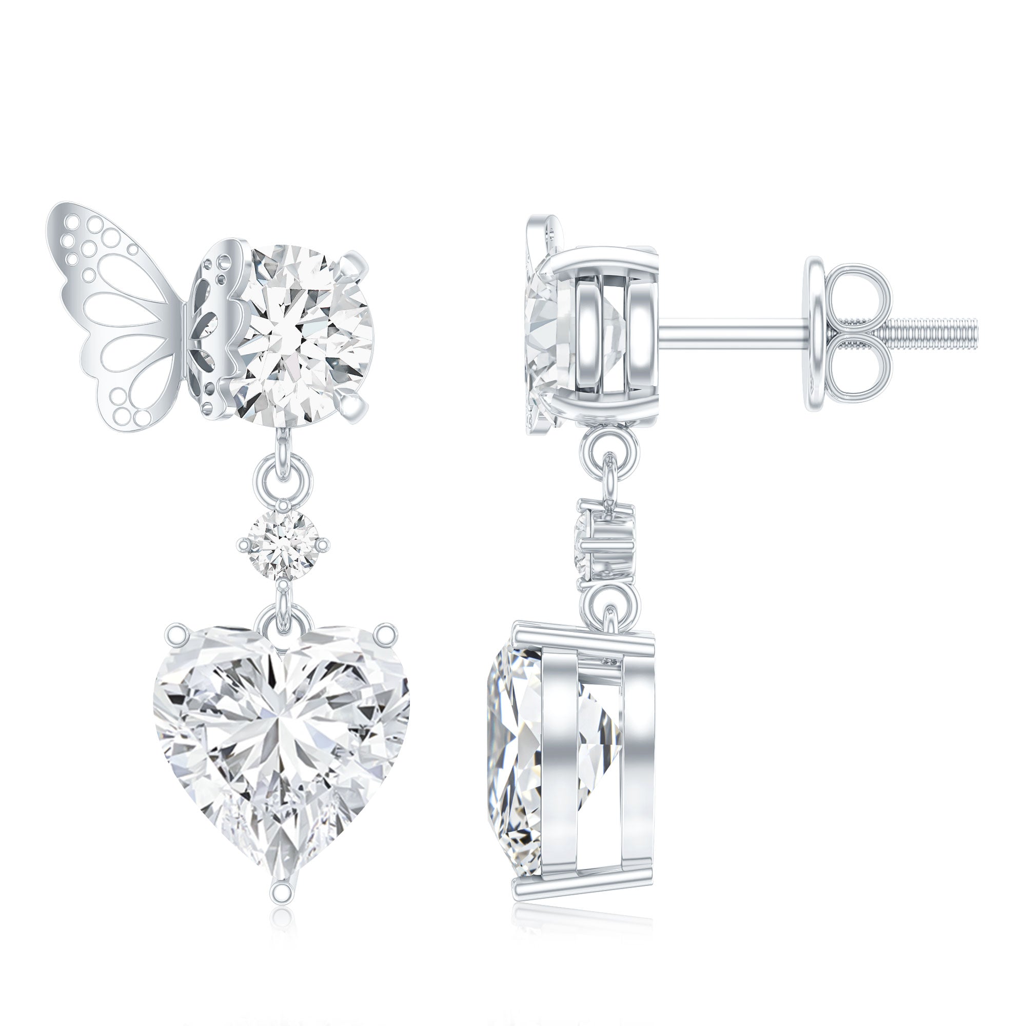 Heart Shaped Lab Grown Diamond Butterfly Drop Earrings Lab - ( EF-VS ) - Rosec Jewels