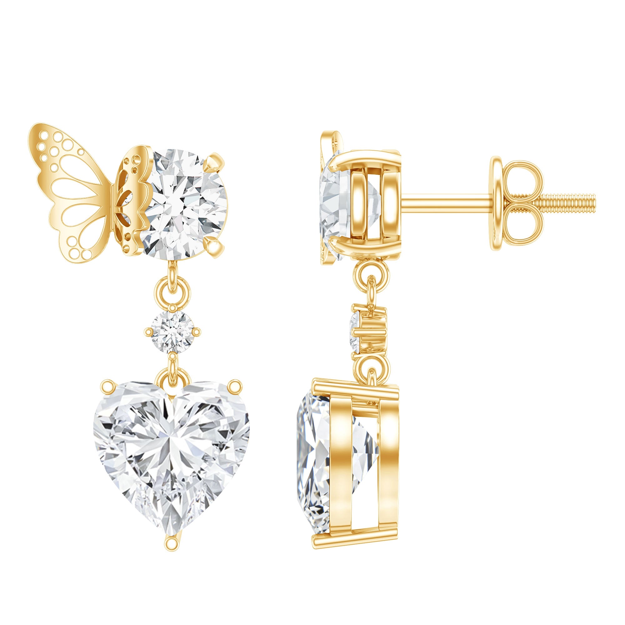 Heart Shaped Lab Grown Diamond Butterfly Drop Earrings Lab - ( EF-VS ) - Rosec Jewels