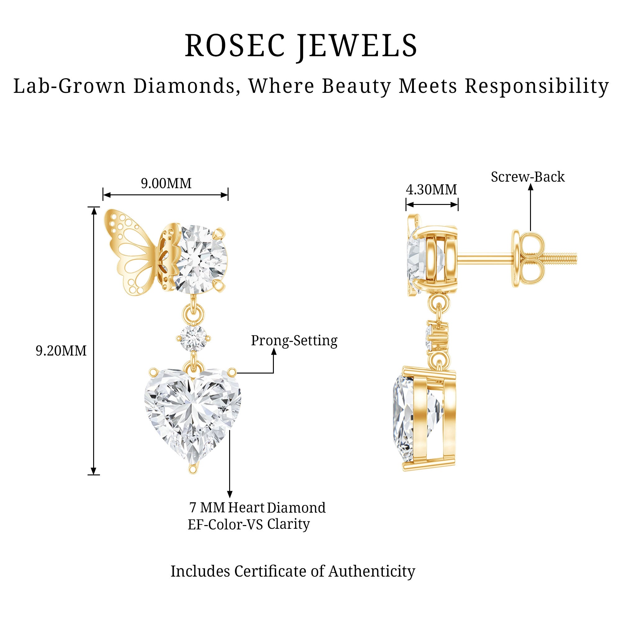 Heart Shaped Lab Grown Diamond Butterfly Drop Earrings Lab - ( EF-VS ) - Rosec Jewels