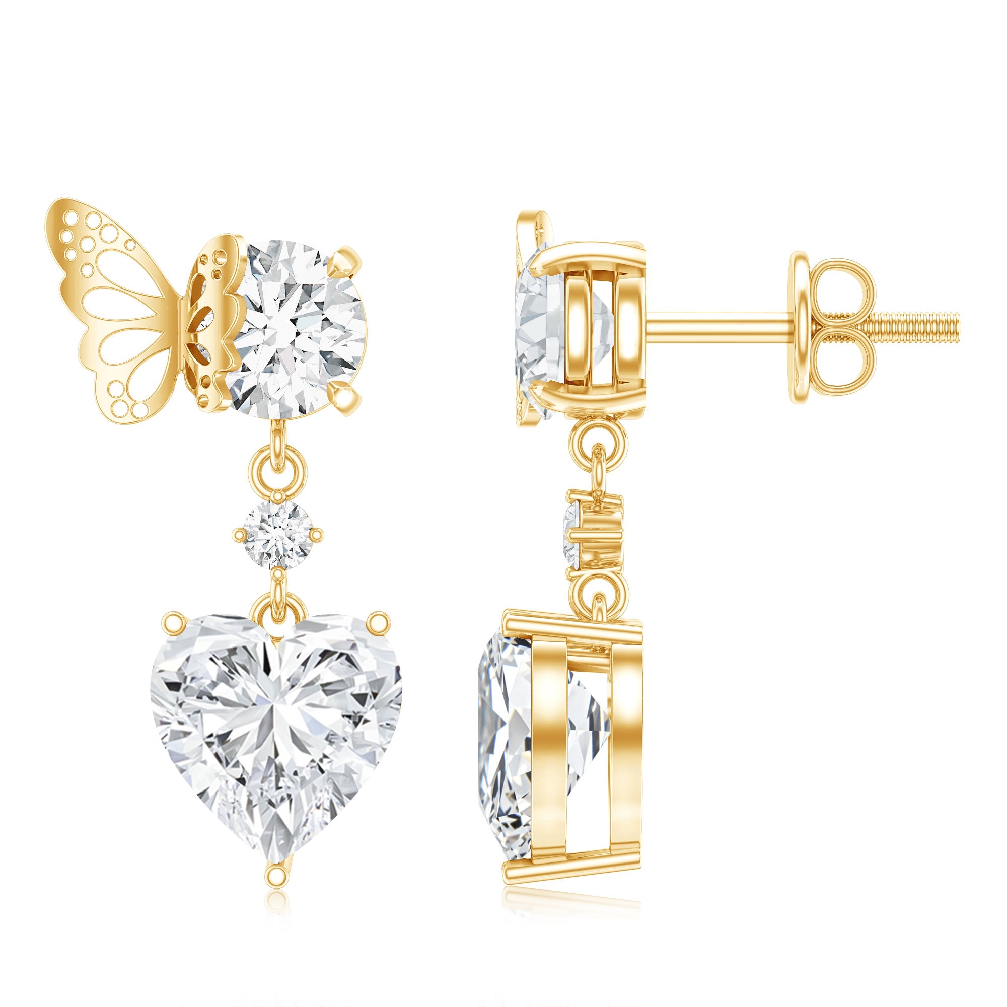 Heart Shaped Lab Grown Diamond Butterfly Drop Earrings Lab - ( EF-VS ) - Rosec Jewels