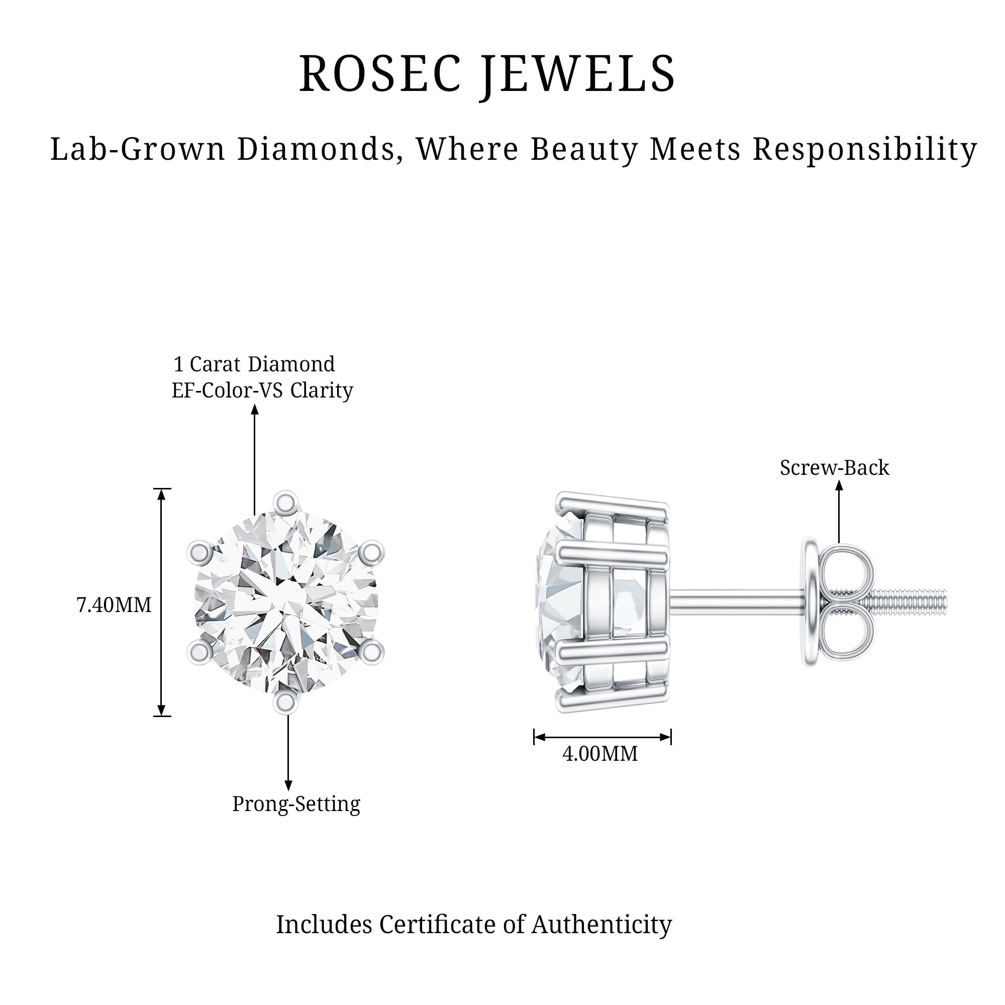IGI Certified 2 Carat Lab Grown Diamond Solitaire Stud Earrings Lab - ( E-VS1 ) - Rosec Jewels