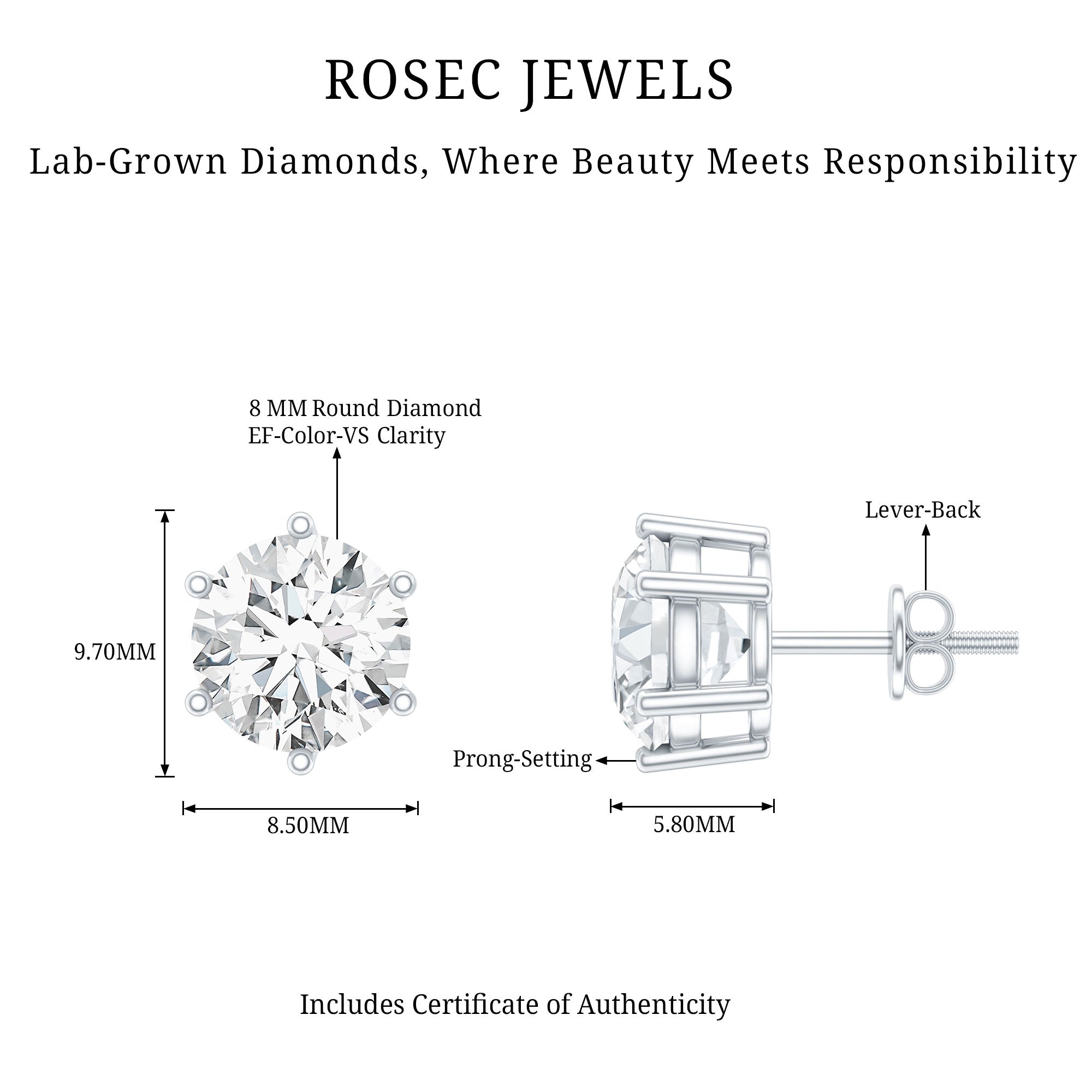 IGI Certified 4 Carat Lab Grown Diamond Solitaire Studs Lab - ( E-VS1 ) - Rosec Jewels