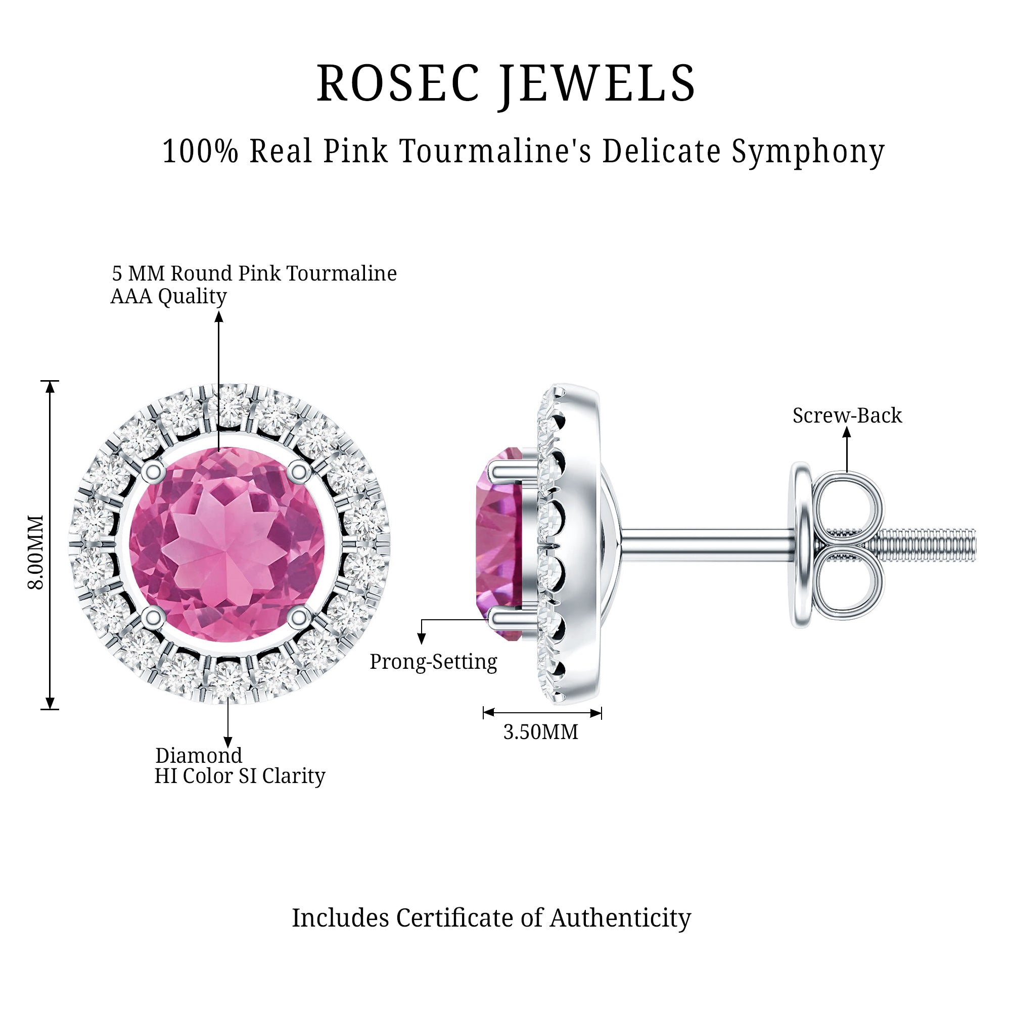 Natural Pink Tourmaline and Diamond Halo Stud Earrings AAA - Rosec Jewels