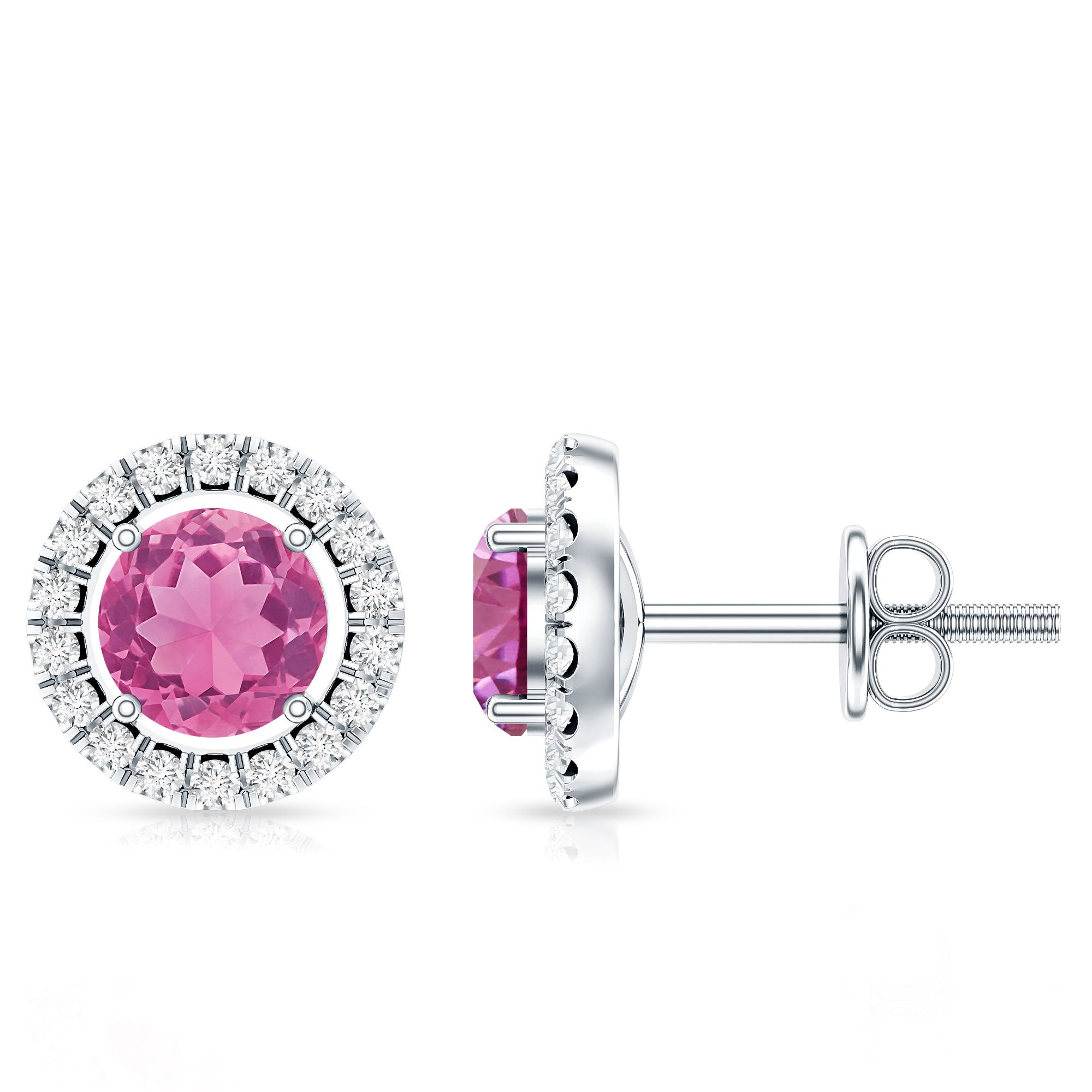 Natural Pink Tourmaline and Diamond Halo Stud Earrings AAA - Rosec Jewels